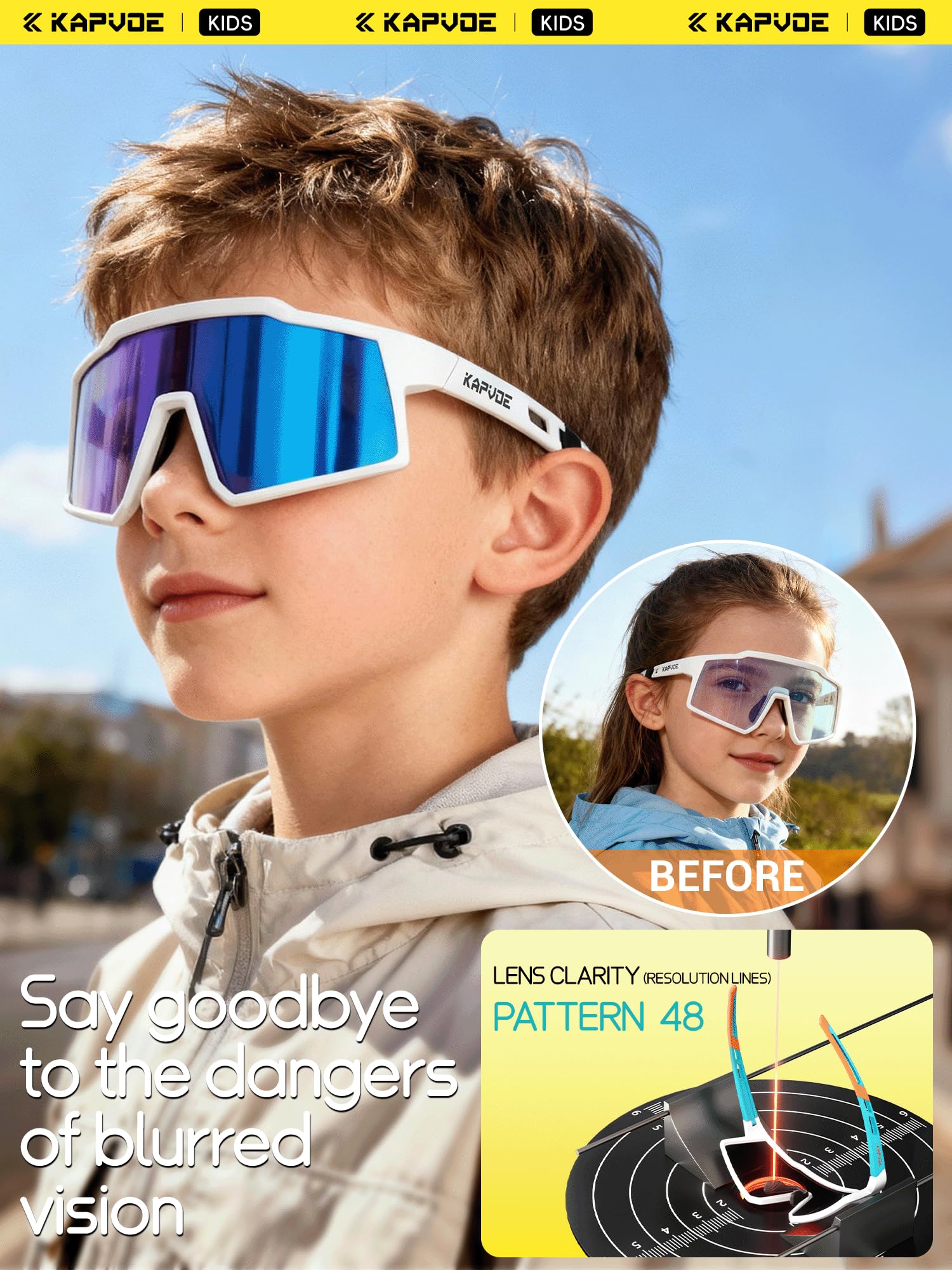 KAPVOE Kinder Fahrradbrille selbsttönend UV400, leichte Sportsonnenbrille mit photochromatischen Gläsern, TR90-Rahmen, verstellbaren Nasenpads und rutschfesten Bügeln, für Jungen Mädchen