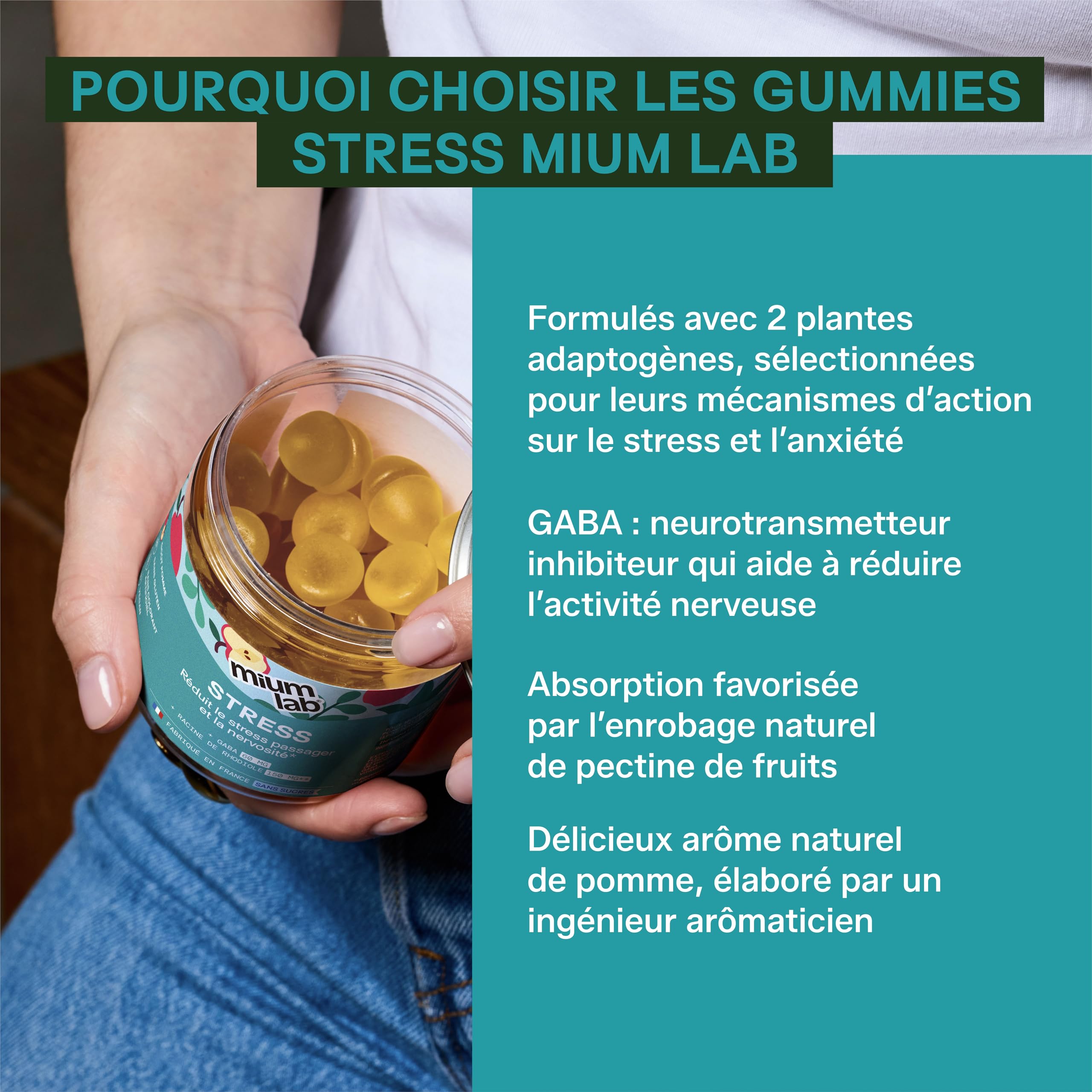 Mium Lab - Anti-Stress, Réduit la Fatigue Physique et Mentale - Équilibre nerveux - GABA + Plantes Adaptogènes (Aubépine & Rhodiola) + Vitamine B6 - Goût Pomme - Cure 21 jours - Fabriqué en France