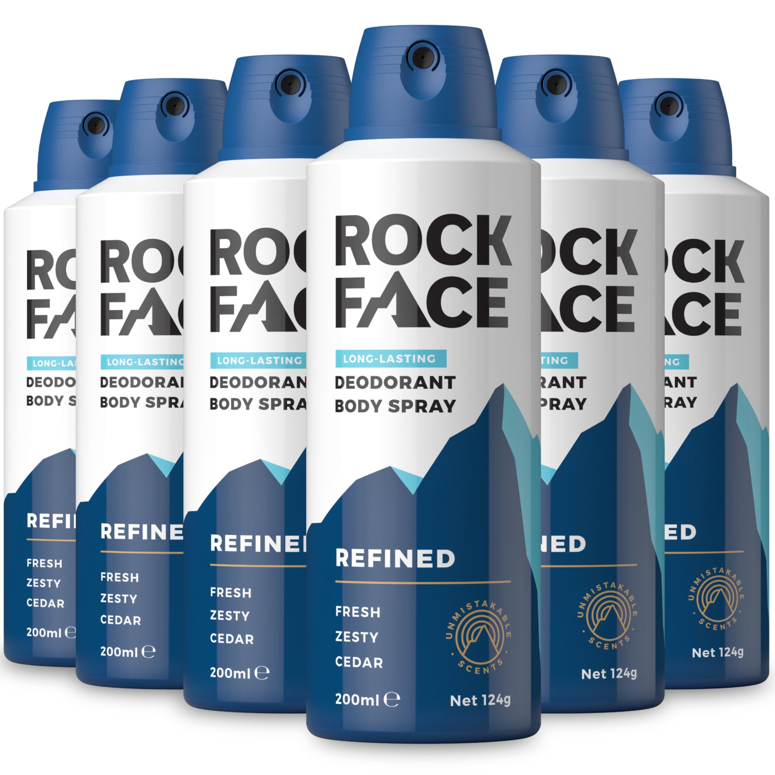 Rock Face Men's Body Spray - Refined Fragrance Body Spray Deodorant for Men, 200ml, Sandalwood & Cedar Scent, Long Lasting, Multipack of 6