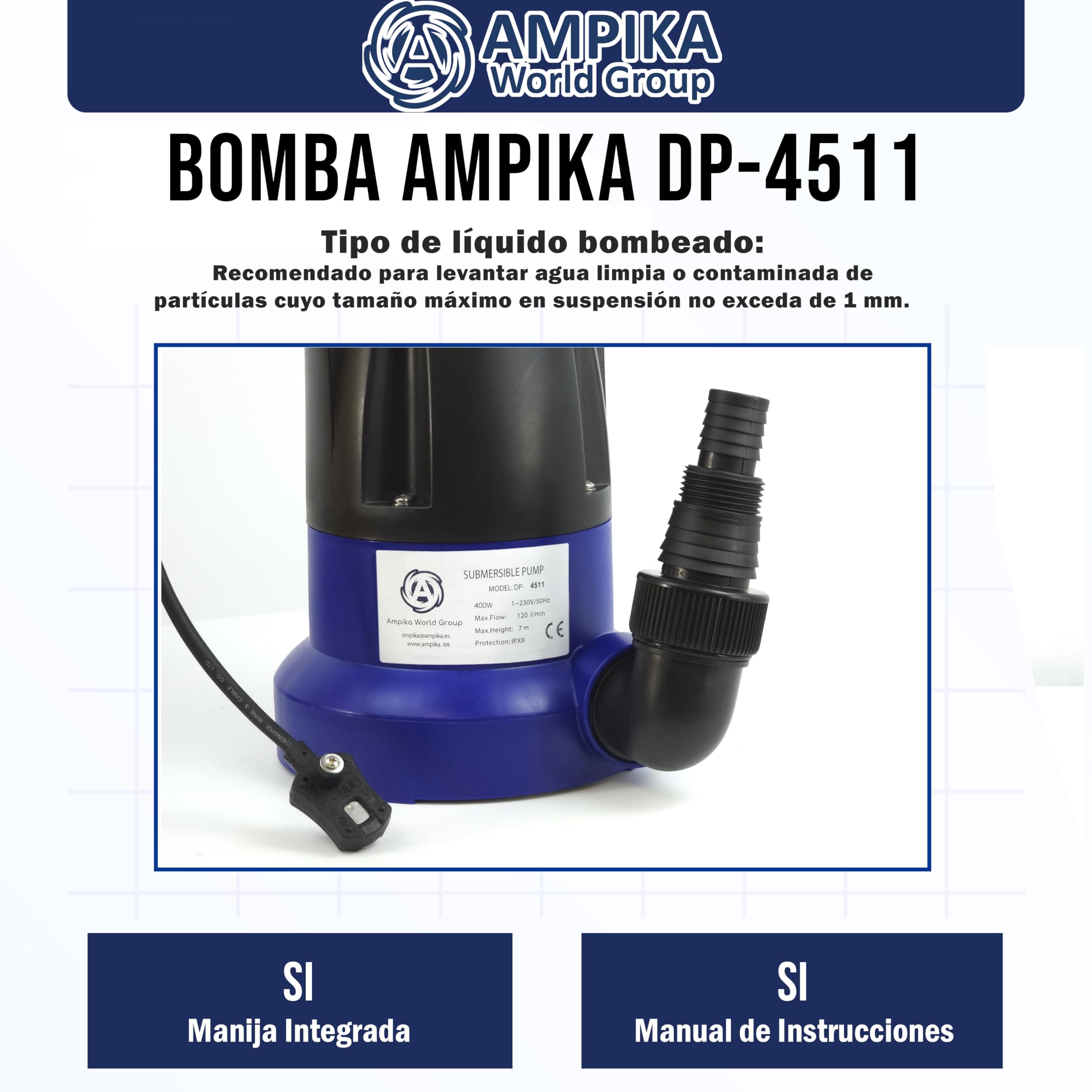 Bomba de drenaje sumergible Ampika DP4511 con flotador electrónico (capacidad de 120 l/min, profundidad máx. de inversión 7m), bombeo hasta 1...3 mm del suelo