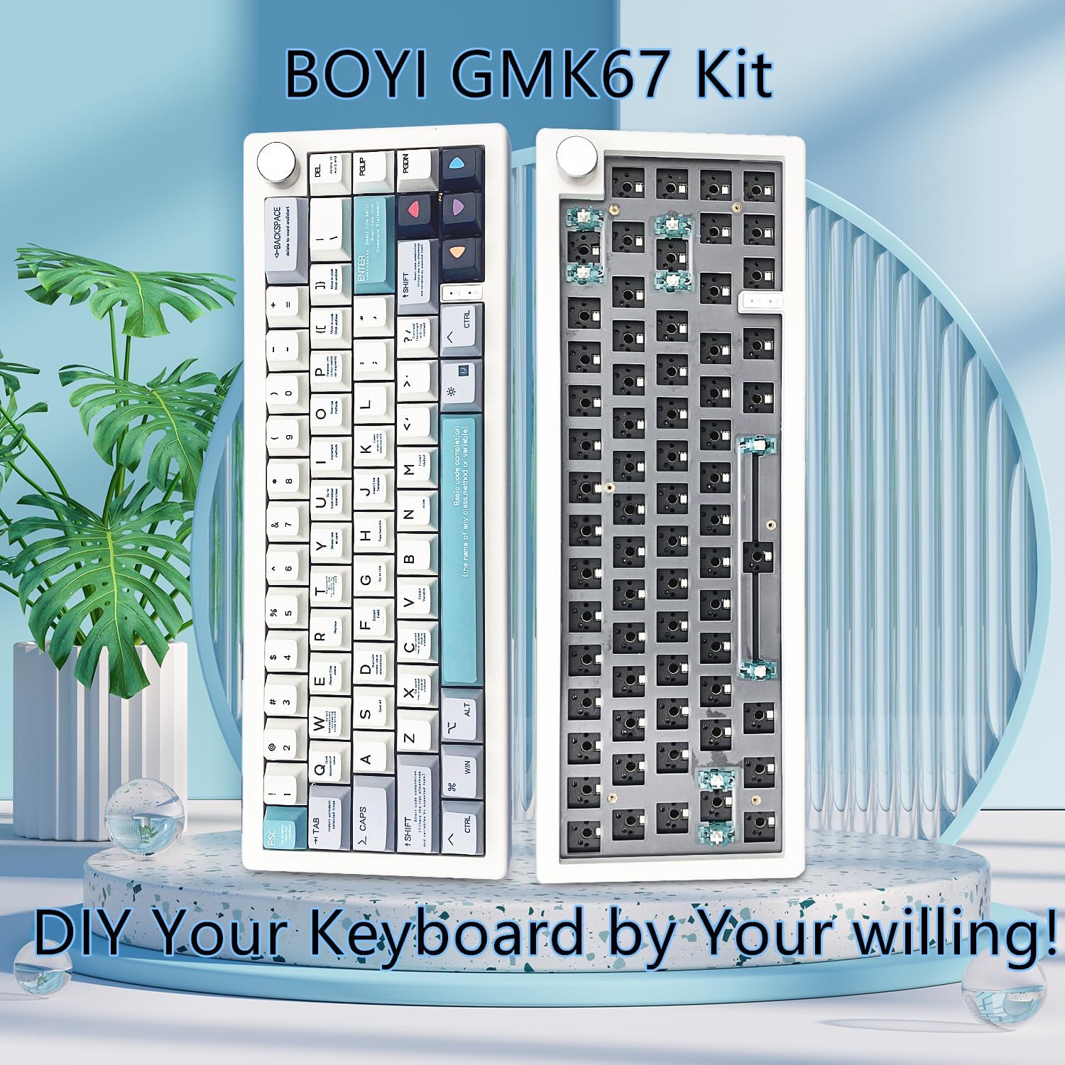 BOYI GMK67 Barebones Keyboard Kit,65% RGB Hot-Swap Gasket Mounted Tri-Mode BT/2.4GHz/USB-C 4000mAh Wireless Custom Programmable Mechanical Gaming Keyboard DIY Kit with Knob(White)