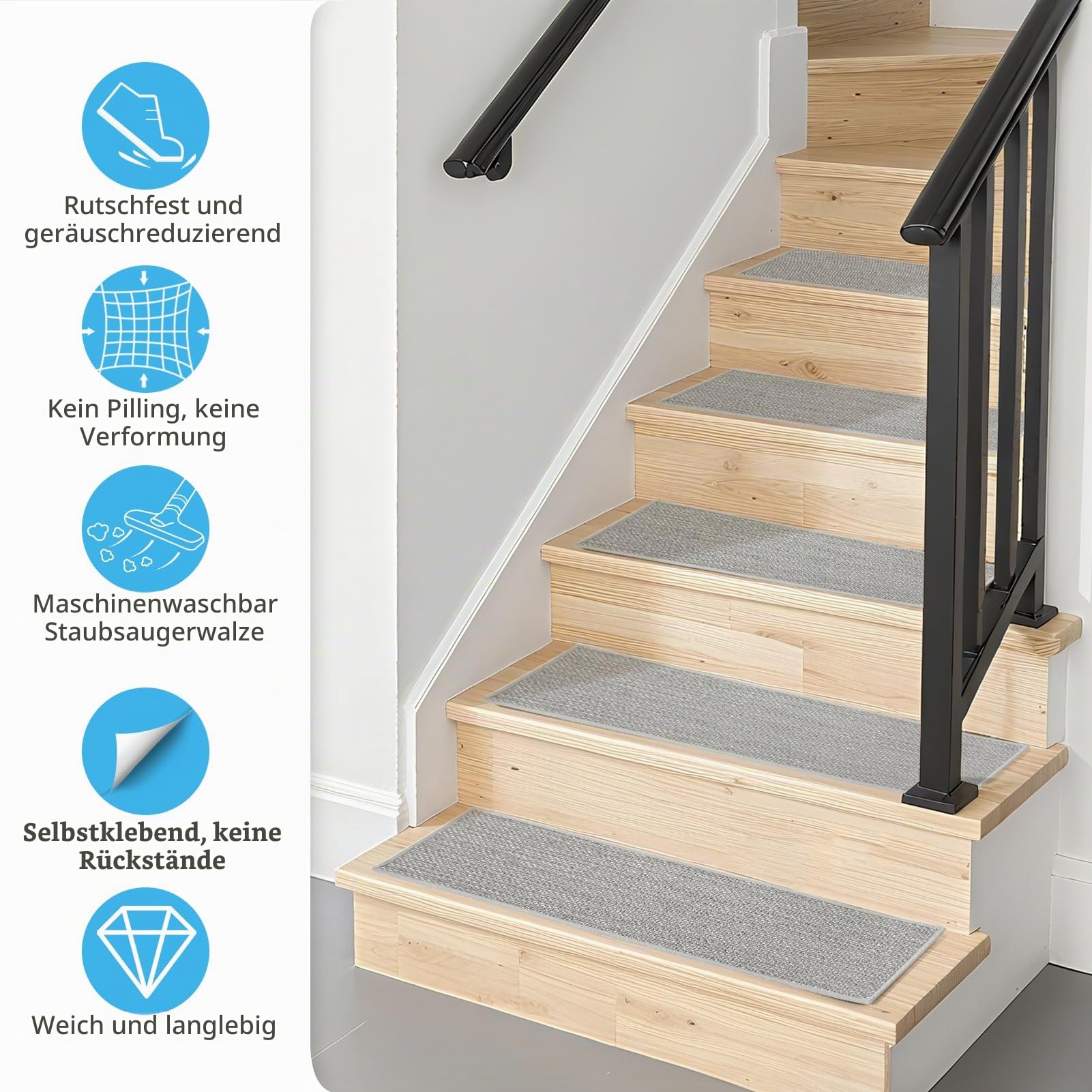Art3d Stufenmatten Treppenstufen Matten 20 X 76 cm Leinenoptik-Grau | 15 Stück Treppenteppich Selbstklebend Sicherheit Stufenteppich Ideal für Kinder, Älteste und Haustiere