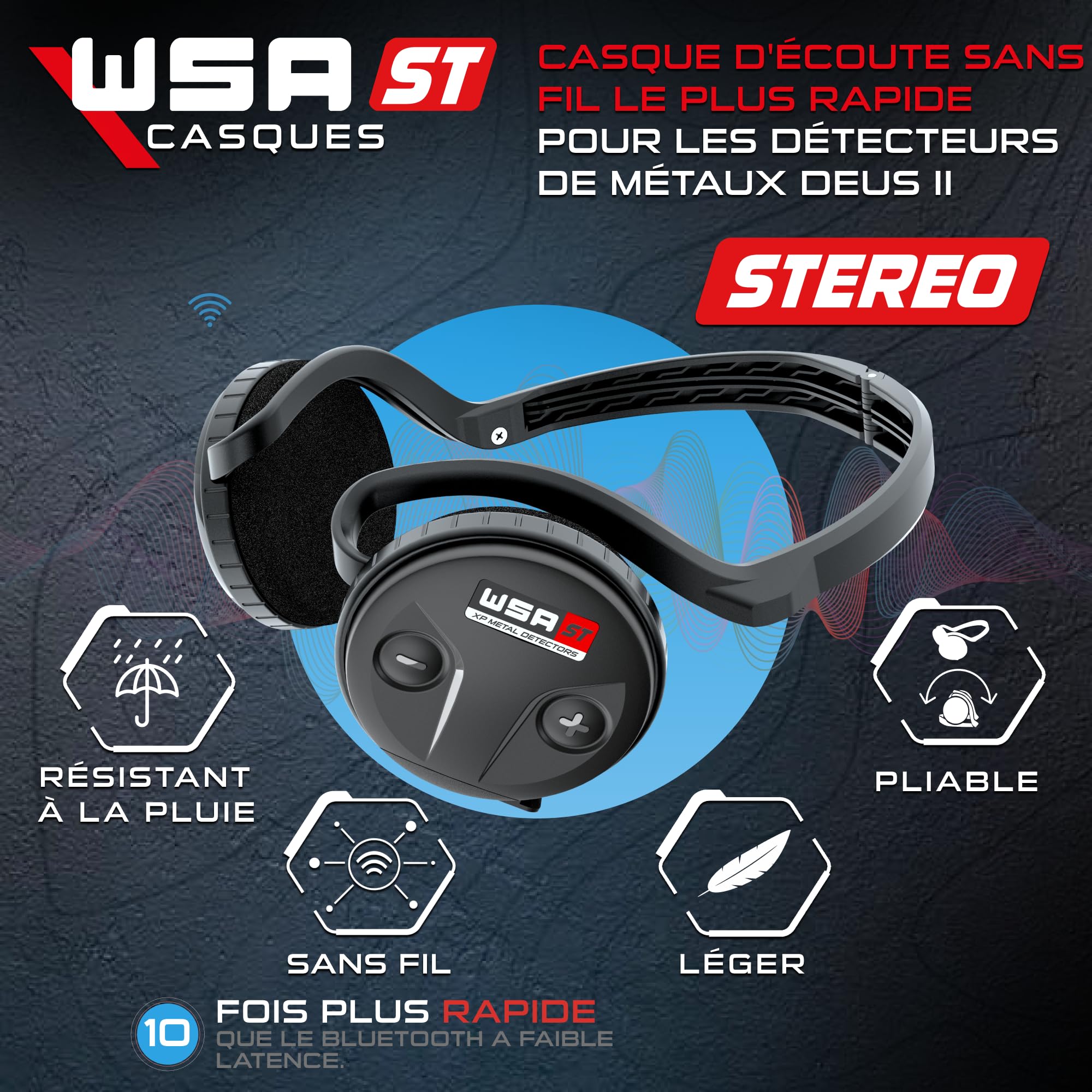 XP Metal Detectors WSA ST Casque stéréo sans fil ultra-rapide compatible avec le Deus II RC et le WS6 ST Master, pliable, design compact et intelligent, léger et entièrement étanche à la pluie (WSAST)