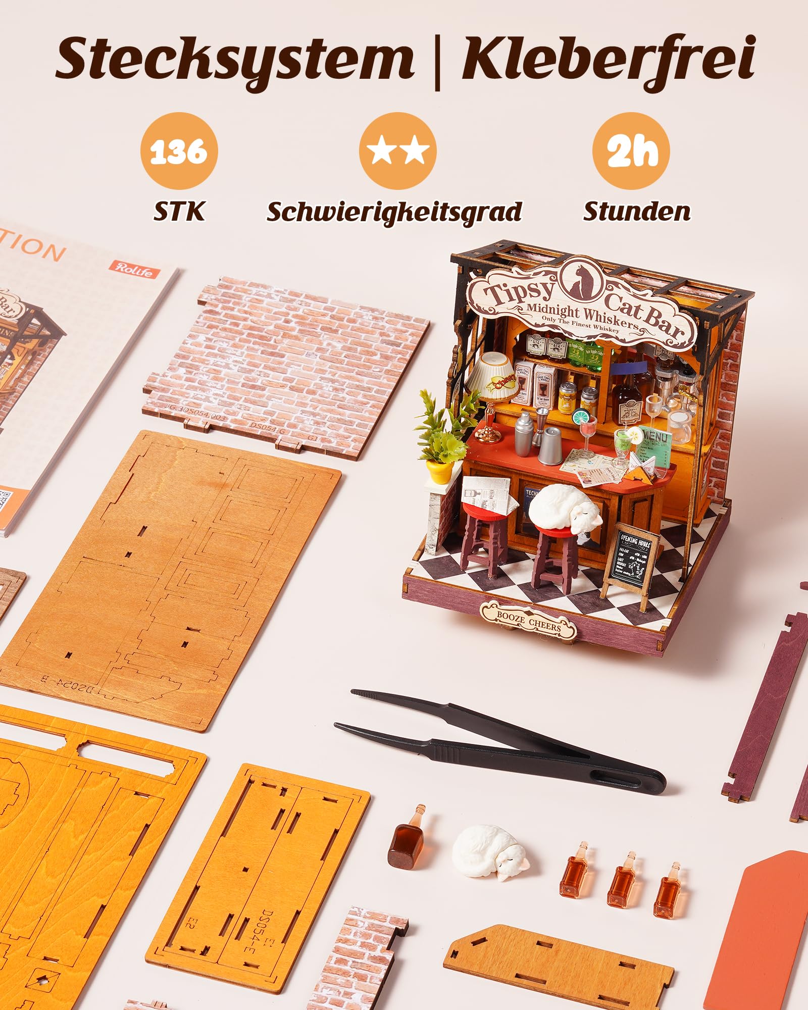 Rolife Miniatur Haus Tipsy Cat Bar, 136-teiliges Mini Haus Selber Bauen Bastelset Erwachsene für Jugendliche Kein Kleber erforderlich, Puppenhaus Tiny House Bausatz 3D Puzzle Book Nook