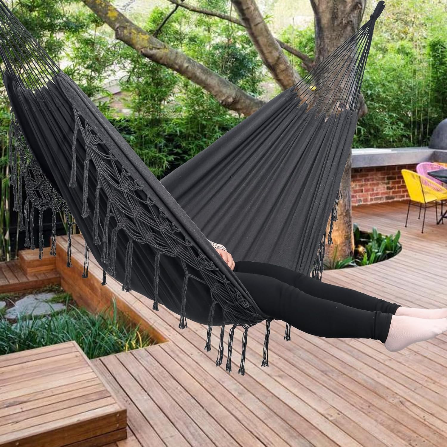 Double Boho Macrame Hammock with Elegant Tassels for Patio, Yard, Beach Wedding Decor, Outdoor and Indoor Up to 450lbs Include Tie Ropes and Drawstring Bag （Dark Grey）