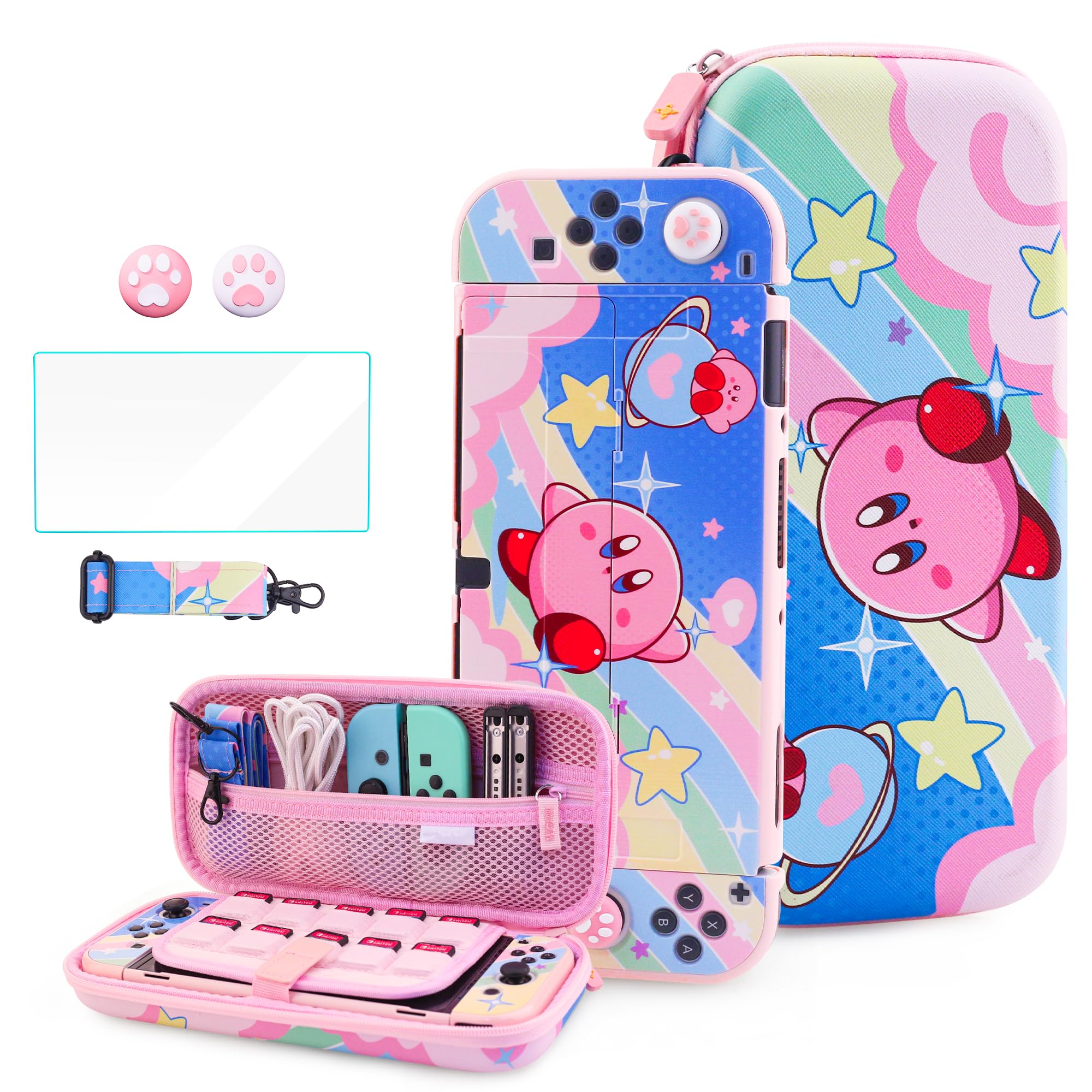 HYPERCASE Cute Anime Switch OLED Étui de transport avec sac de rangement de voyage portable de doublure rose, coque de protection rigide, protection d'écran HD, bandoulière et 2 capuchons de pouce