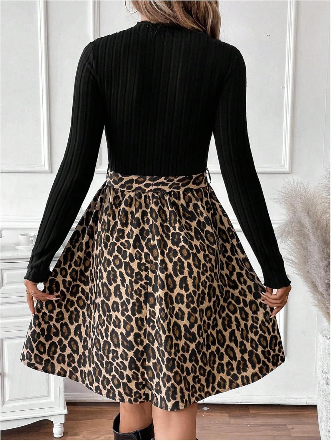 SweatyRocks Women's Leopard Print A Line Dress Mock Neck Long Sleeve Flowy Dresses with Belt - Image 2