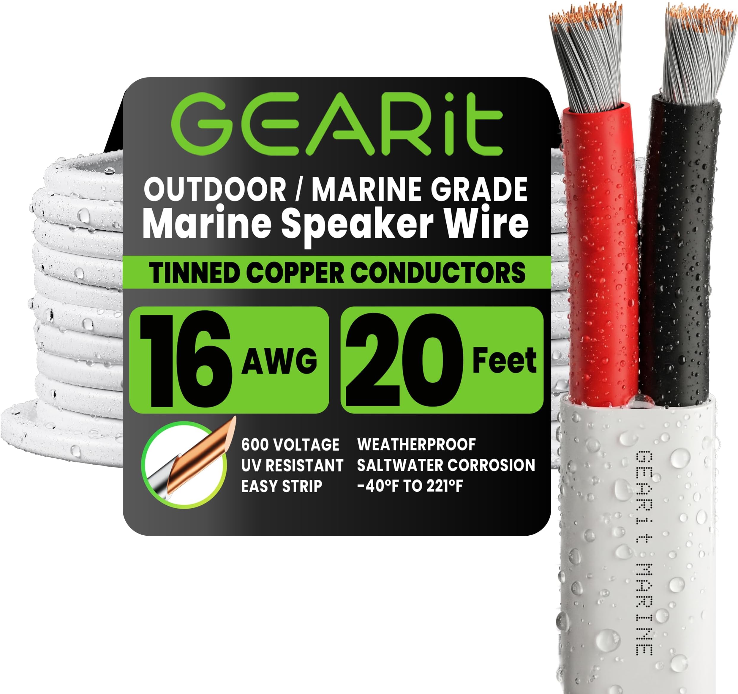 16/2 Marine Wire (20 Feet) 16AWG Gauge - Tinned OFC Copper/Marine Grade Speaker Cable/Duplex / 2 Conductors - OFC Oxygen-Free Copper, White 20ft