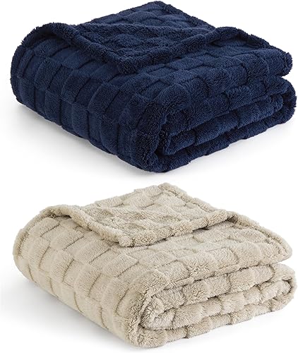 Bedsure Tamaño de la manta de forro polar (azul marino y beige)