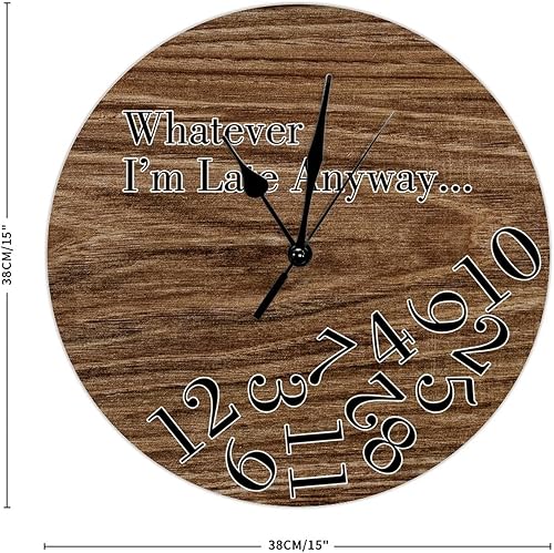 Vista 2 de Round Wall Clocks Whatever I'm Late Anyway Wood Wall Clocks Vintage Brown Wood Grain Distressed Clocks Battery Operated Rustic Shabby Wooden Clock