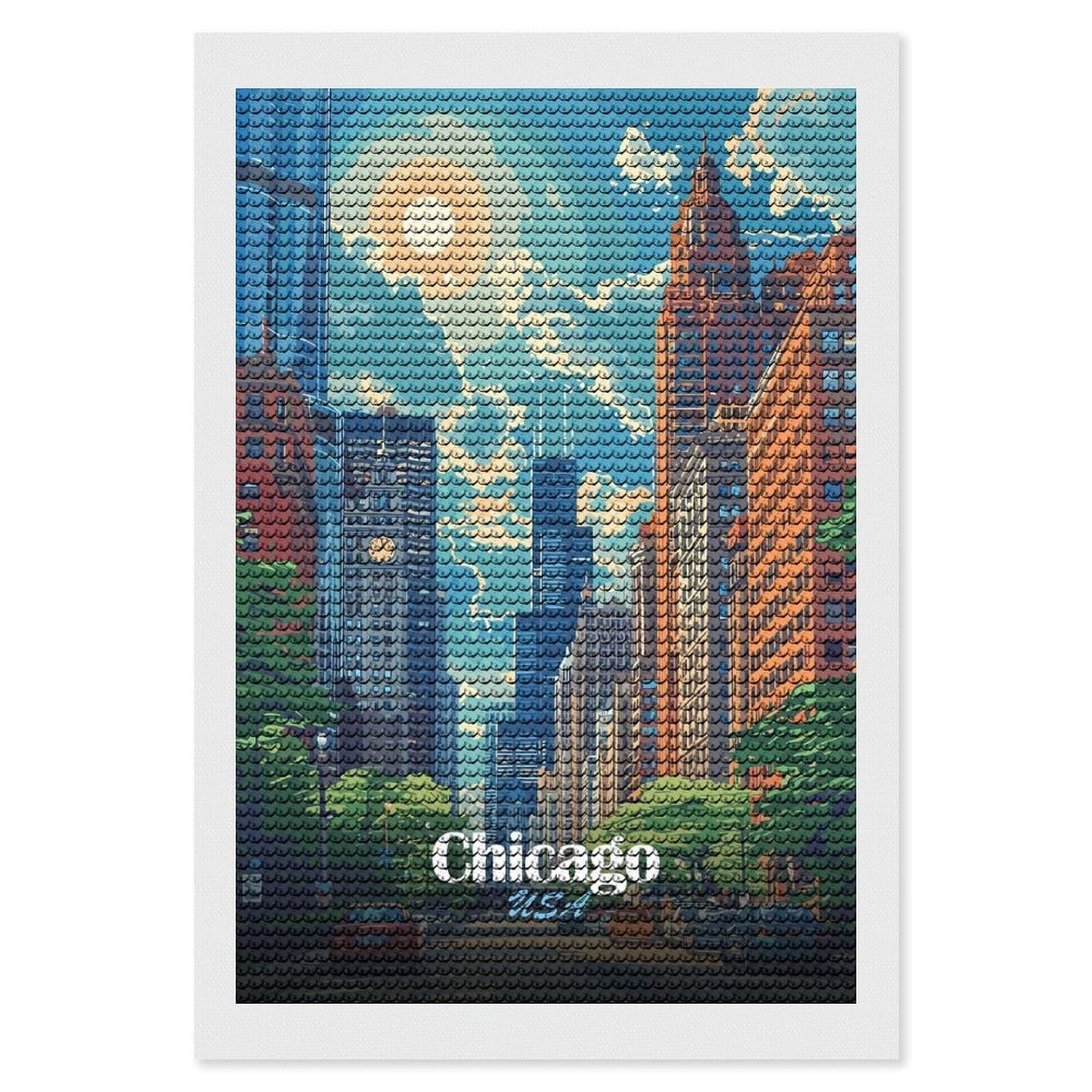 Junmoney Chicago Cityscape Illustration Diamond Painting Kit 8"x12", Easy Handmade Project, Easy to Enjoy, Aesthetic Room Decor, Christmas Gift