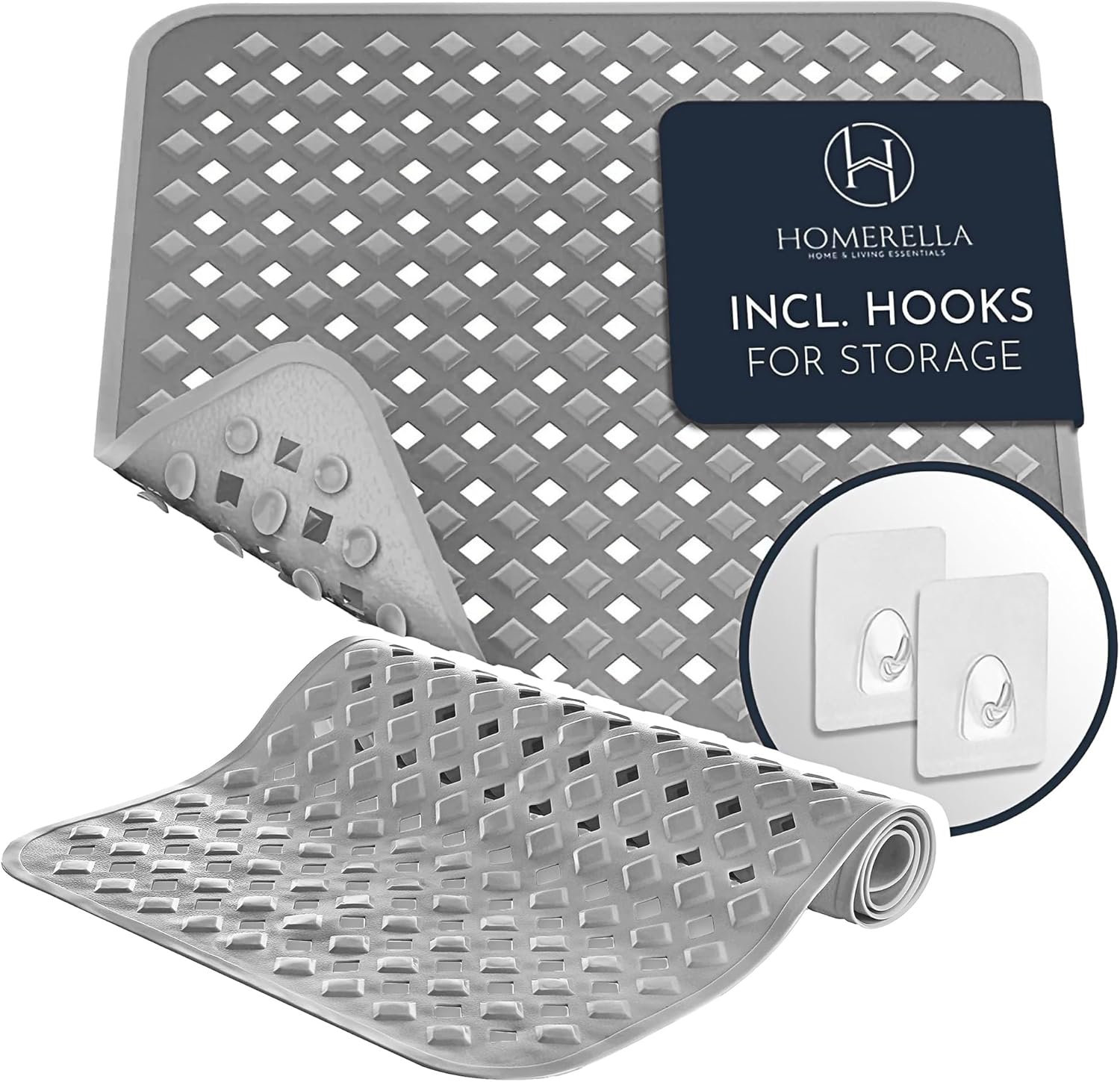 Homerella 1pc 34.5 x 15.5 inches Anti-Slip Bathtub Mat and 1pc 21 x 21 inches Non Slip Shower Mat, Machine Washable, INCL. Hooks for Hanging (Dark Grey)