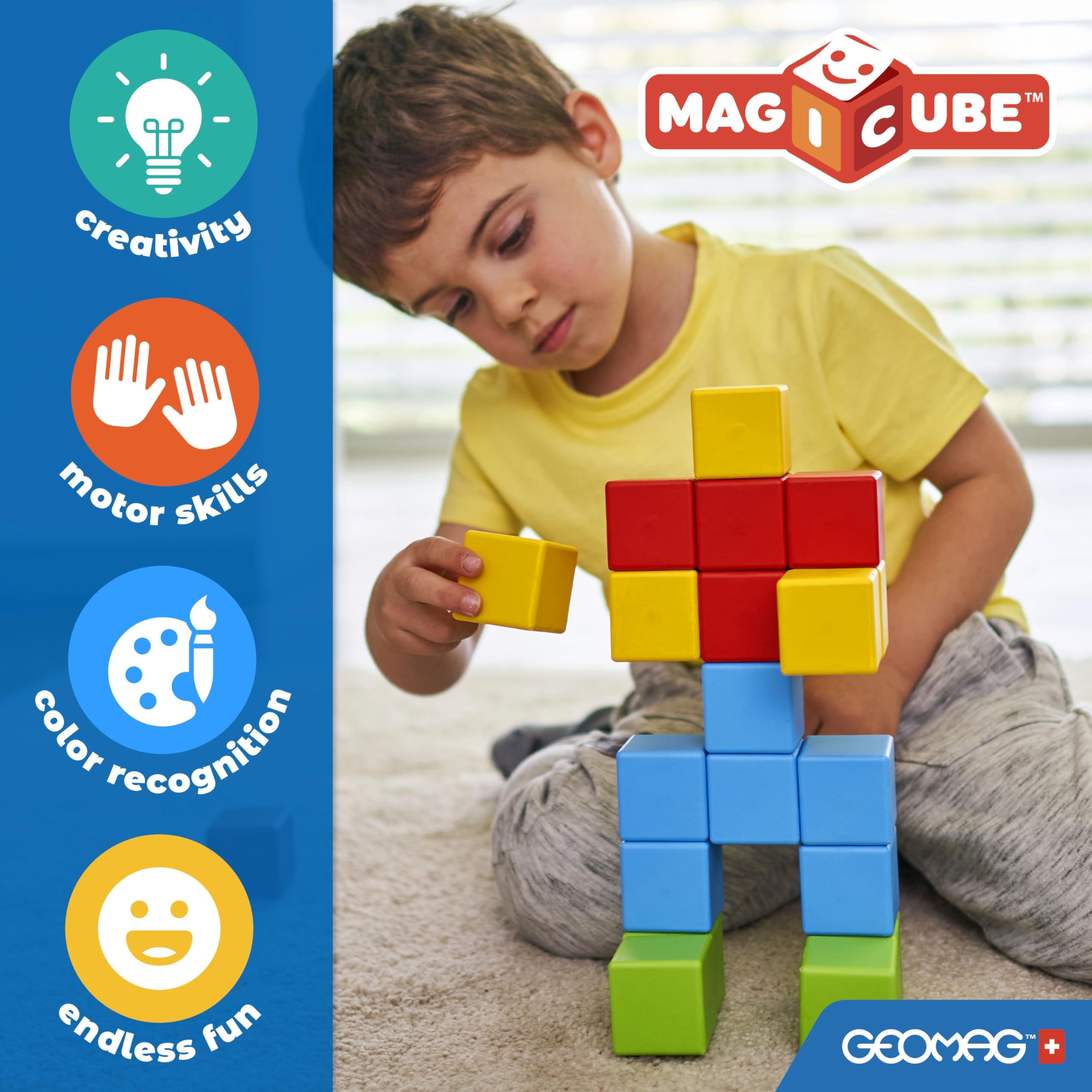 Geomag Magicube Magnetyczne klocki konstrukcyjne dla małych dzieci w wieku 1-3 lat, zabawka Montessori na ponad 1 rok, produkt sensoryczny dla dzieci z autyzmem, magnesy dla dzieci