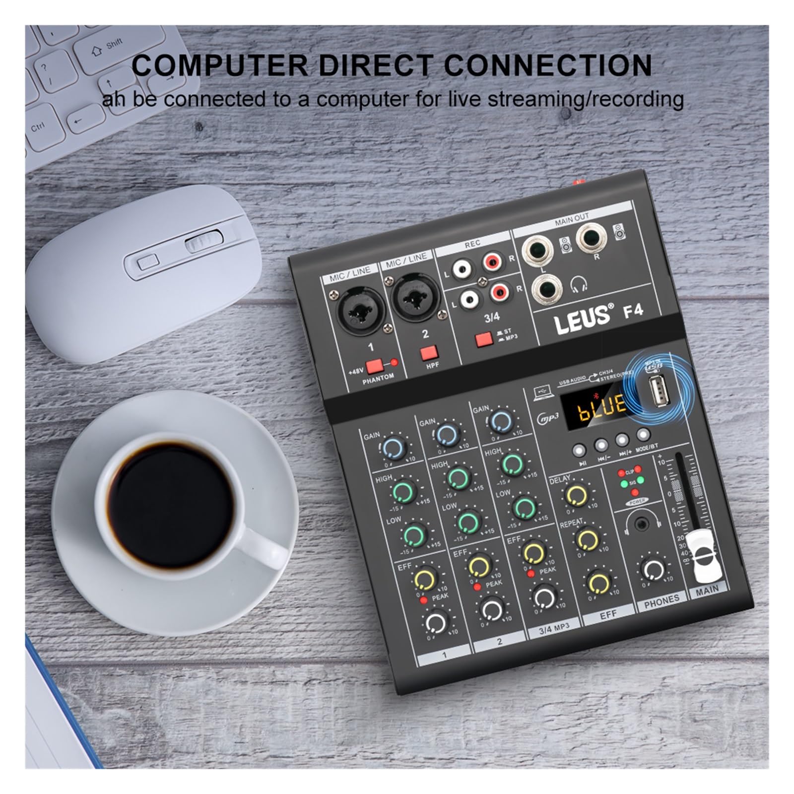 Mixer DJ, F4 Mixing Console Interfaccia Bluetooth USB Registrazione PC 48V Phantom Power Ritardo Ripetizione Effetto 4 Canali DJ Sound Mixer(White)