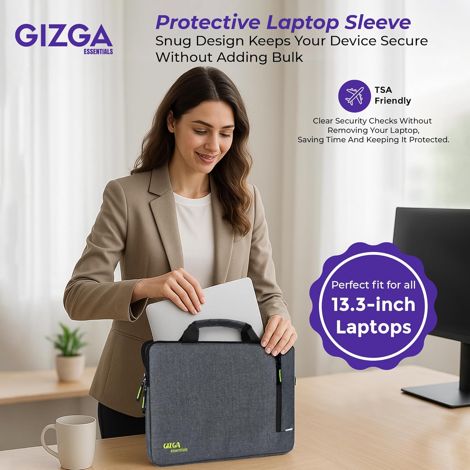 Gizga Essentials 13.3 Inch Laptop Sleeve Case Cover Pouch Bag with Handle & Front Pocket| Slim & Water-Resistant Nylon Fabric with Shockproof Foam Padding, Soft Lining & Premium Zipper Closure (Grey) 39 81i5HTqTzAL. SL1500