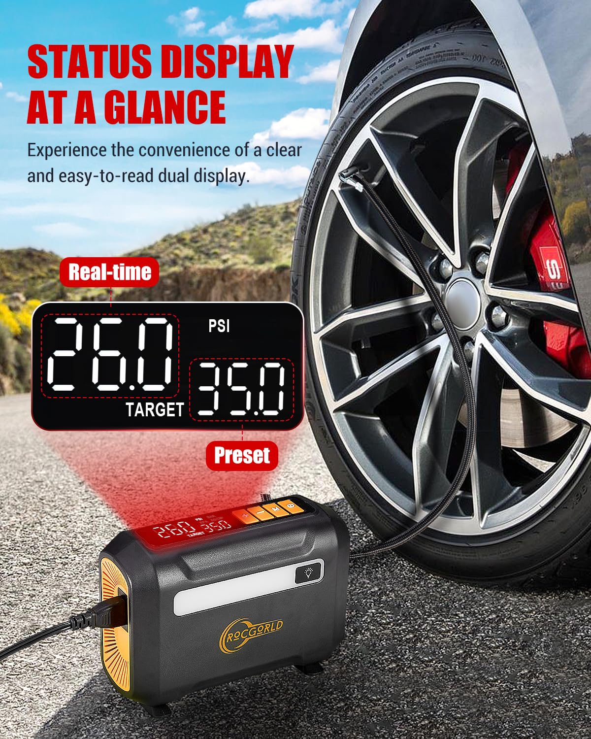 ROCGORLD R8 - Compresor de aire portátil para inflador de neumáticos, compresor de aire portátil de 12 V CC con pantalla digital doble grande, inflación 3 veces más rápida para neumáticos de coche