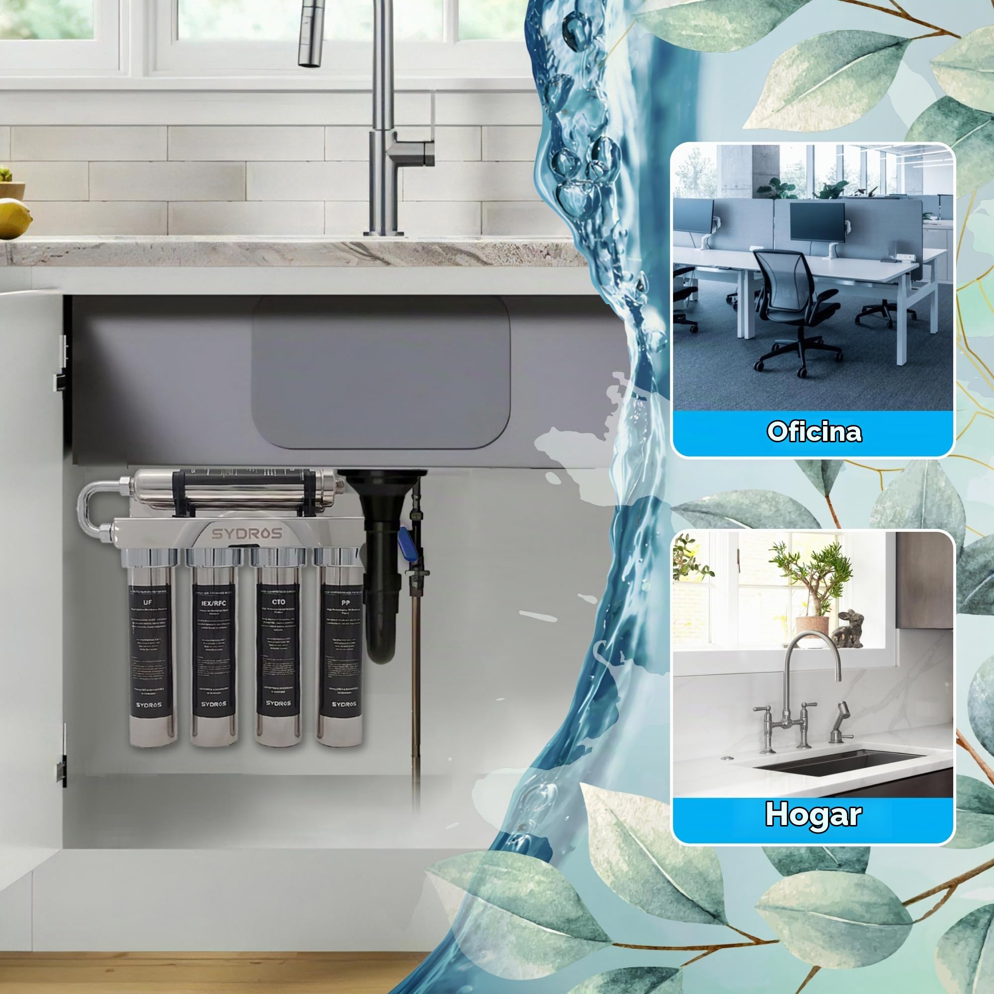 Sydros Optimus Filtro de agua de 5 etapas filtra cal, microplásticos, PFAS y cloro 500+ contaminantes - Filtro en línea de alto rendimiento para agua potable cristalina y limpia en cocina y oficina