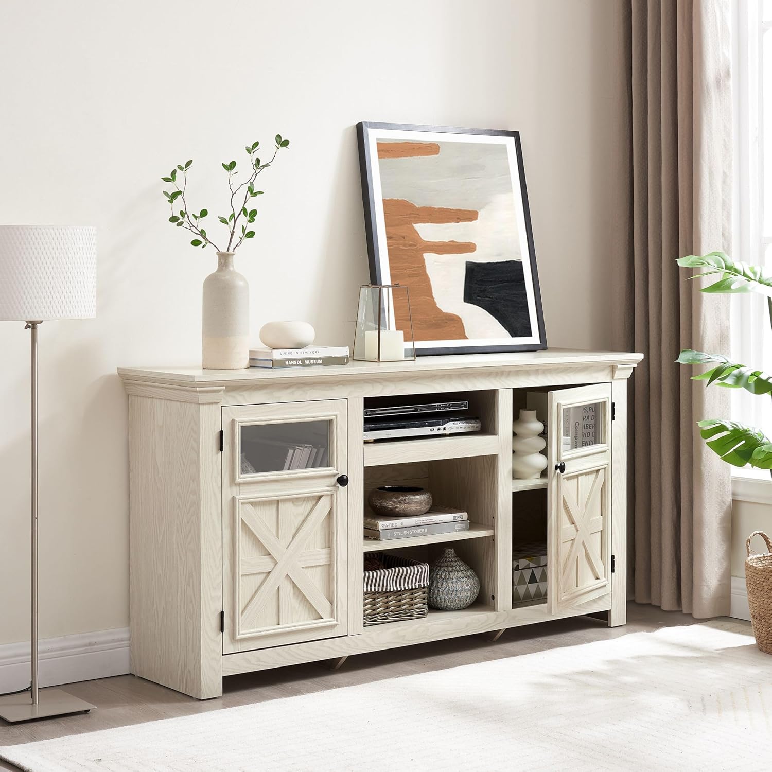 60" Farmhouse TV Stand for TVs Up to 70 Inch, Rustic Entertainment Center with Barn Doors, Adjustable Shelve, Wooden TV Console Table for Living Room (White, Barn Door)