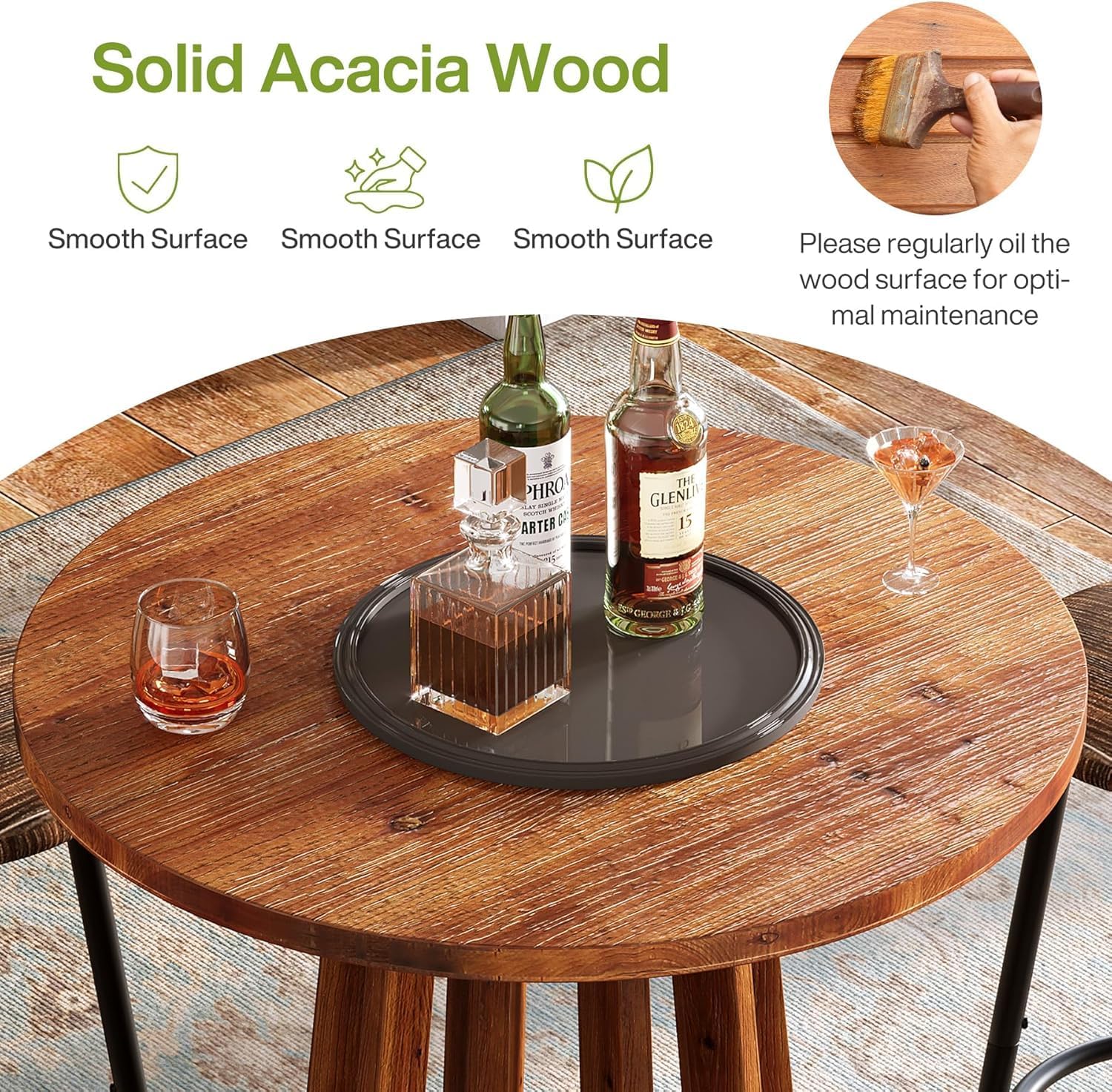 LITTLE TREE Round Bar Table, 37.6 inch H Farmhouse Wooden Bistro Pub Table with Solid Wood Legs, Small Pub Cocktail Tables for Dining, Cafe, Living Room, Apartment, Balcony