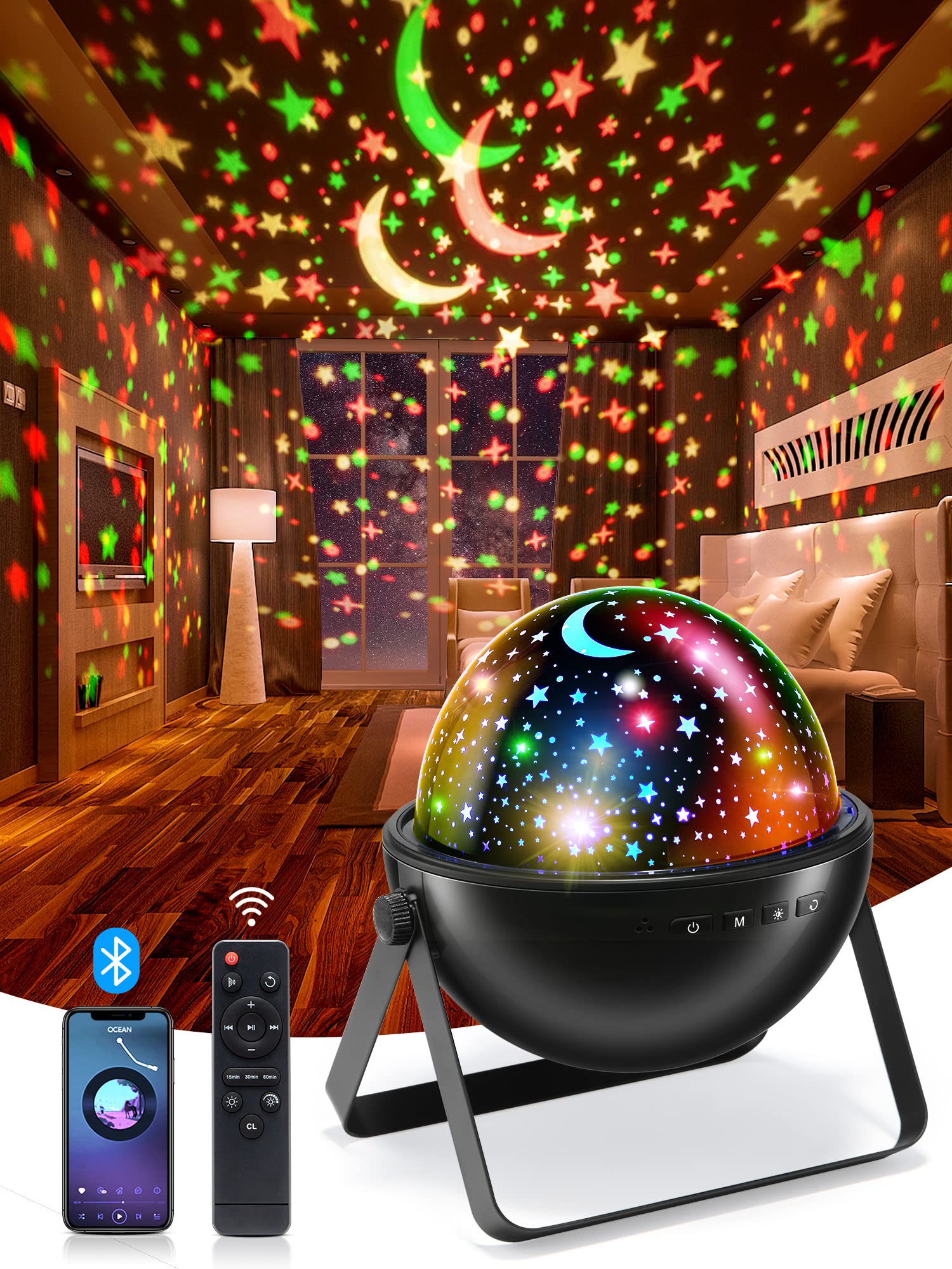 One Fire Lampada Proiettore Bambini, 36 Modalità Lampada Stelle Proiettore, Bluetooth Musica 360° Proiettore Stelle Soffitto Bambini, Timer Telecomando Lampada Proiettore Stelle Regali Decorazioni A Proiettore Stelle Soffitto - Nero