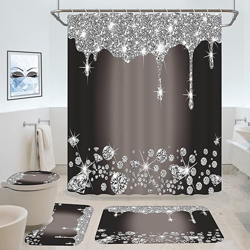 Juego de 4 cortinas de ducha de diamantes con purpurina, decoración de baño con tapete y cubierta para tapa de inodoro, color gris oscuro, textura