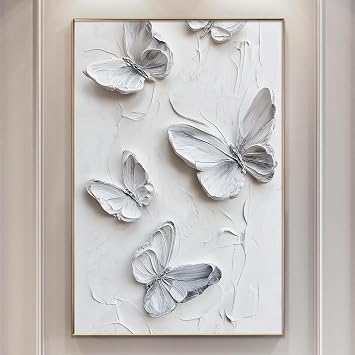 Butterfly Canvas Wall Art Abstract Texture Print Minimalist Abstract Wall Art White Butterfly Painting Neutral Textured Pictures 3D White and Grey Painting for Living Room Wall Decor 16x24in No Frame
