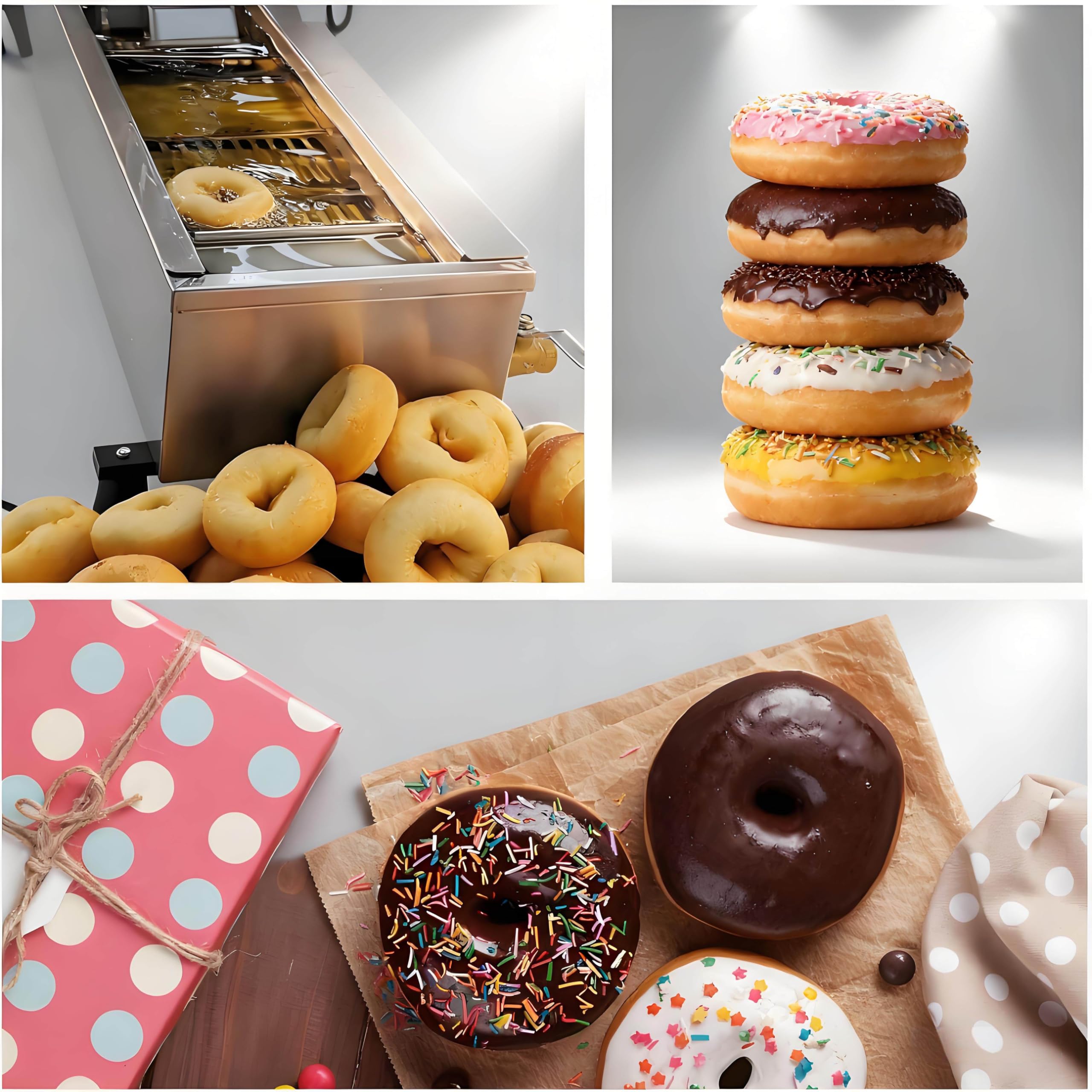 Máquina automática Comercial para Hacer donas, Equipo para Hacer donas de una Sola Fila, freidora automática de Acero Inoxidable, con moldes de 3 tamaños y conteo automático.