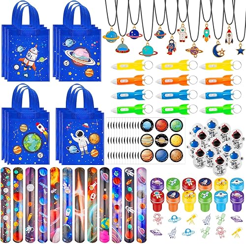 Ctosree 192 bolsas no tejidas con temática espacial para fiestas, regalos espaciales, con asa, pulsera, vaso espacial, sellos espaciales, collar