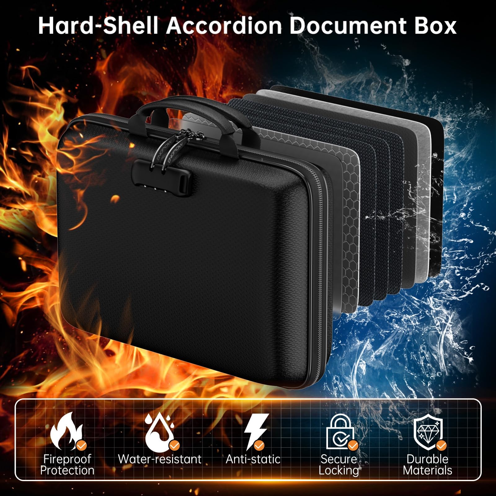 Cartella portadocumenti ignifuga, custodia rigida con serratura, 25 tasche espandibili, organizer portatile impermeabile, cartella portadocumenti per documenti A4, banconote, ricevute