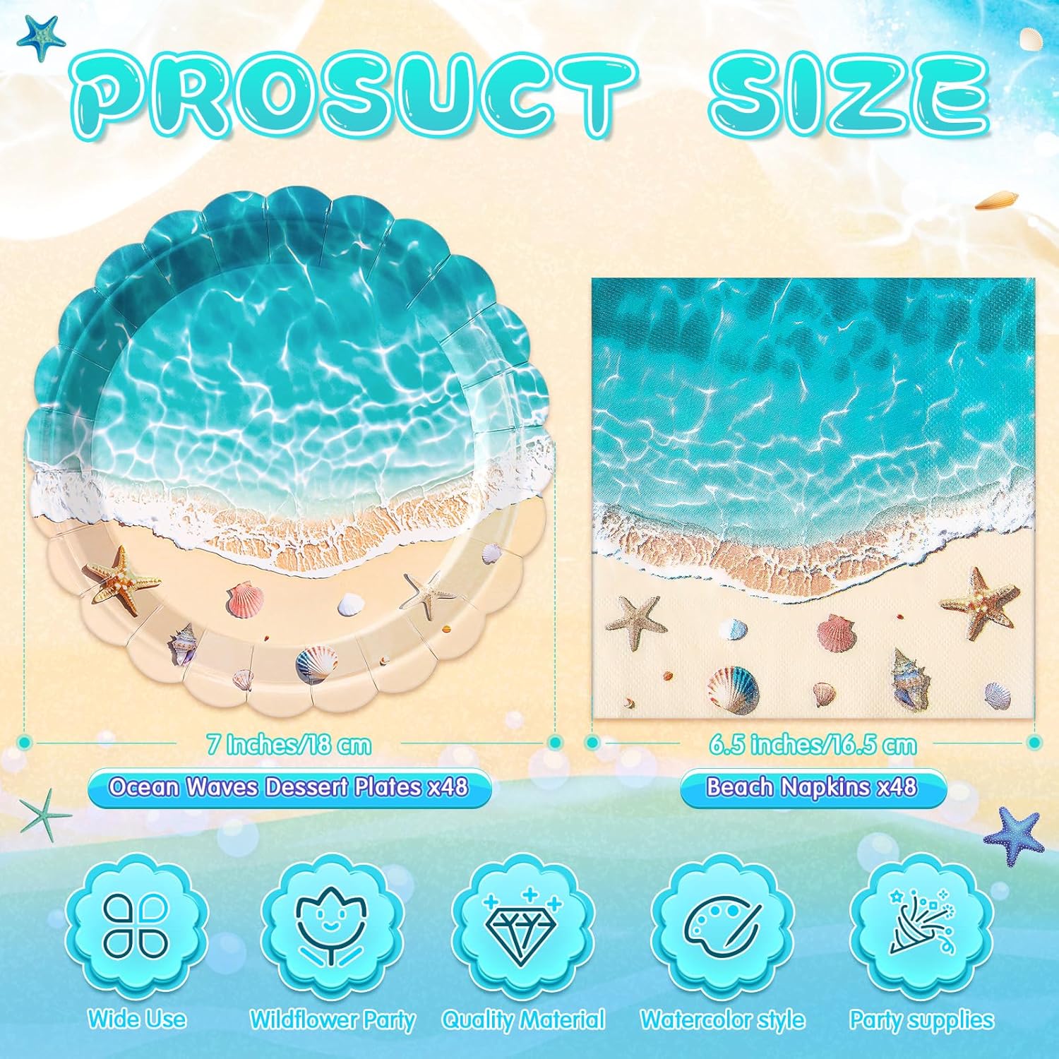 96 Pieces Summer Beach Ocean Tableware Set for 48 Guests Include 48 Pcs 7 Inch Dessert Plates and 48 Napkins Watercolor Disposable Dinnerware for Hawaiian Holiday Birthday Party Supplies - Image 3