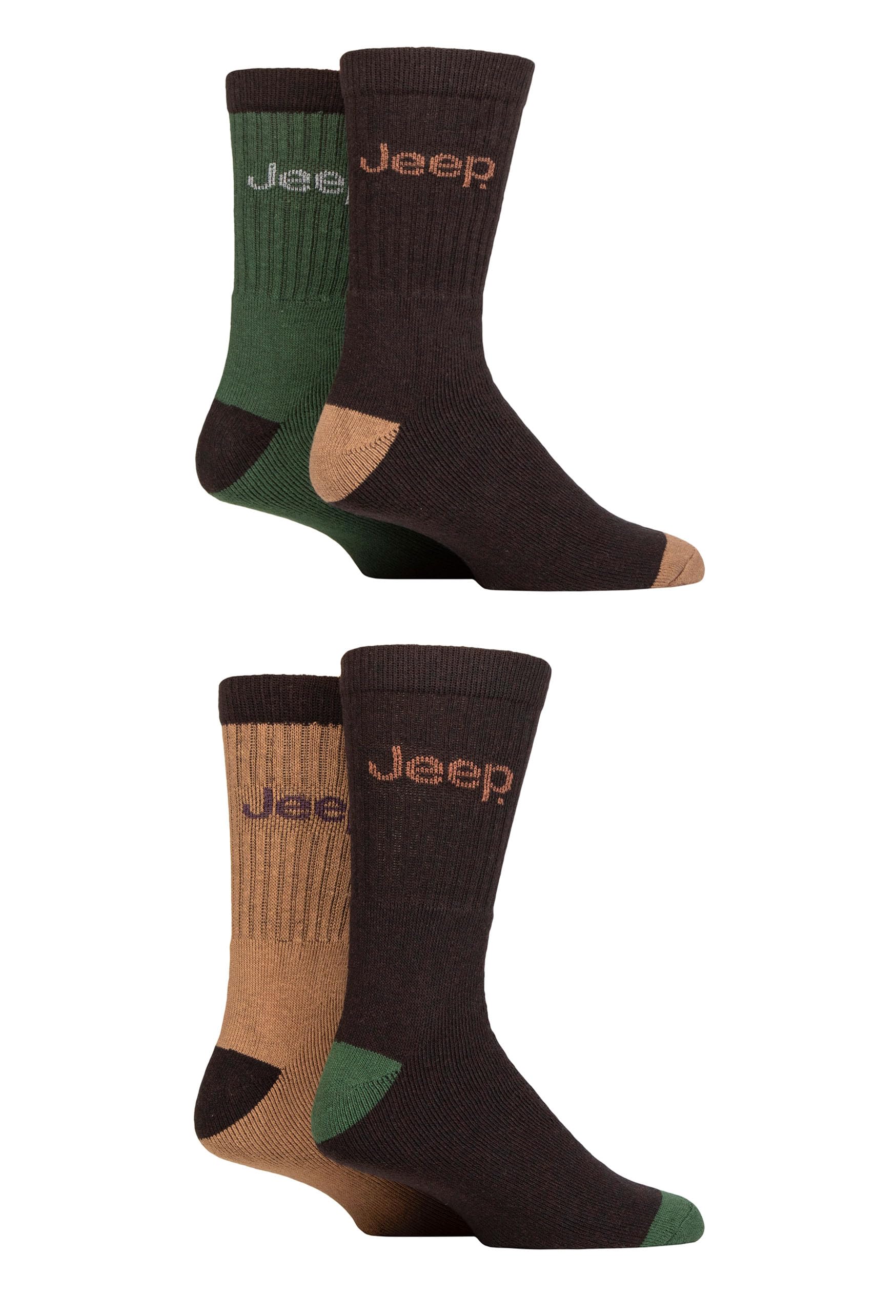 Jeep Men's Brown/Green Boot Socks Plain Cushioned Padded Ribbed For Walking, Hiking & Outdoors 4 Pairs 6-11