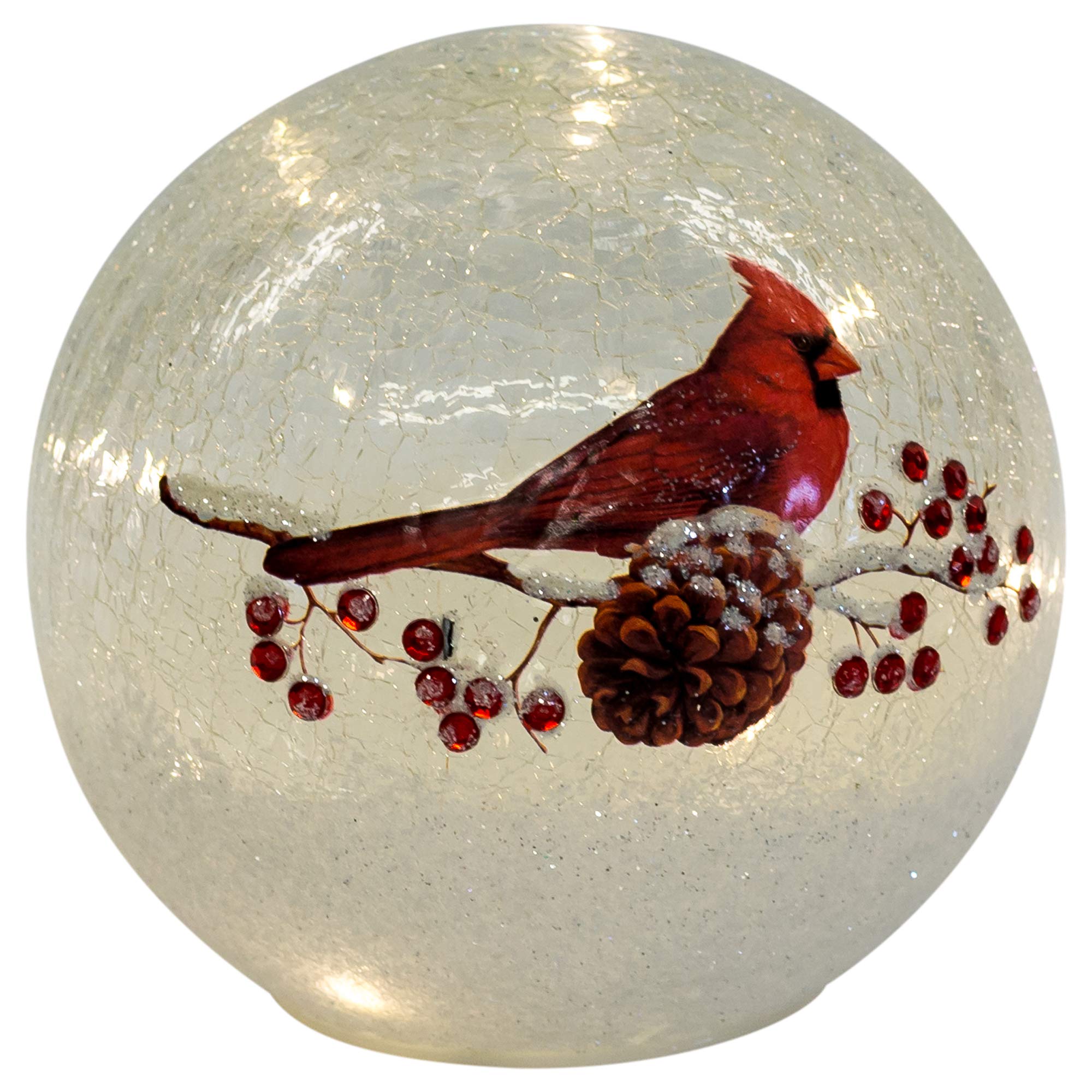 Mark Feldstein & Associates Cardinal on Pinecone le Glass Small 6 Inch LED Light Up Globe Tabletop Decoration