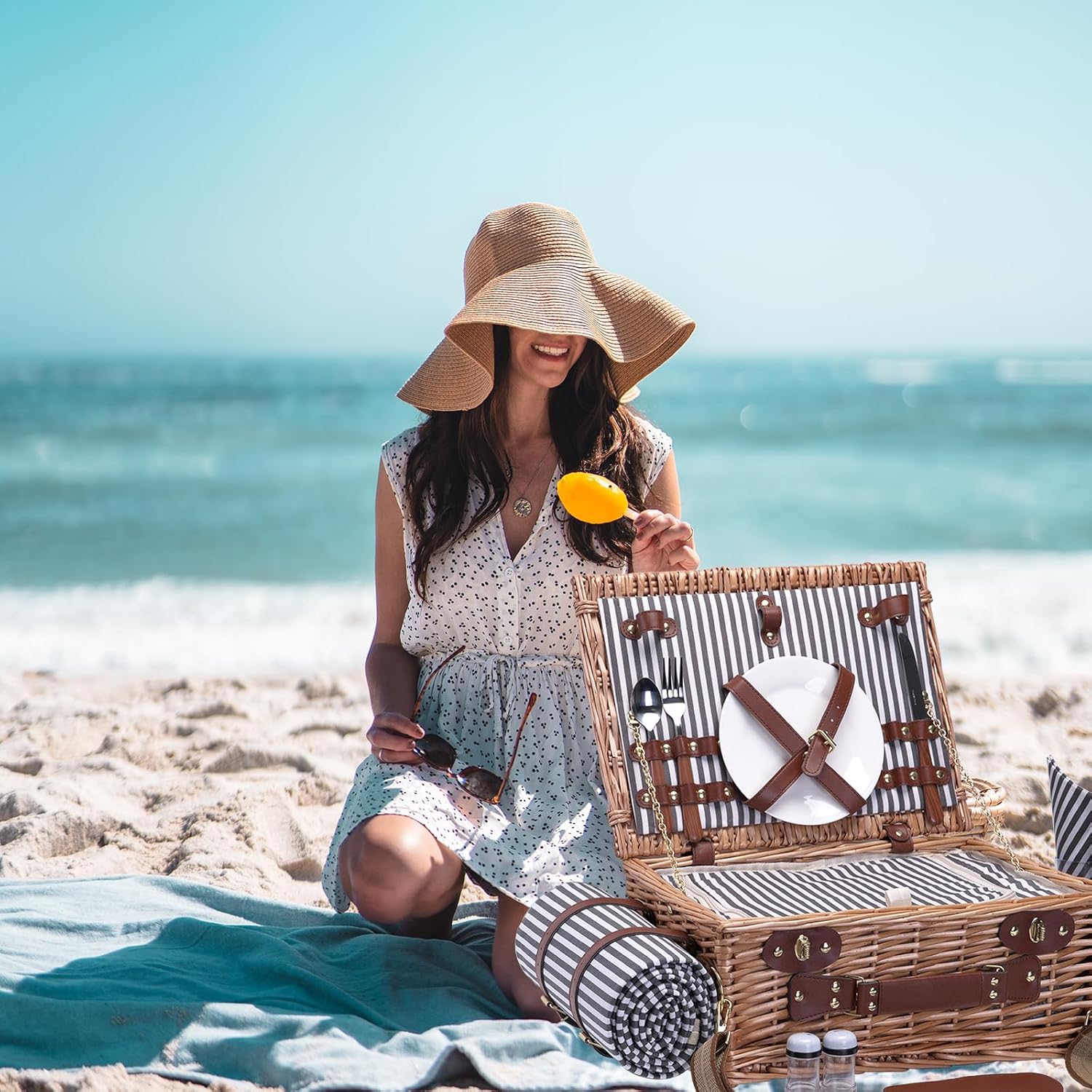 Picnic Basket with Blanket and Wine Pouch for 2 Wicker Picnic Set with Insulated Liner Cooler Bag Hamper for Camping,Wedding - Stripes - Image 6