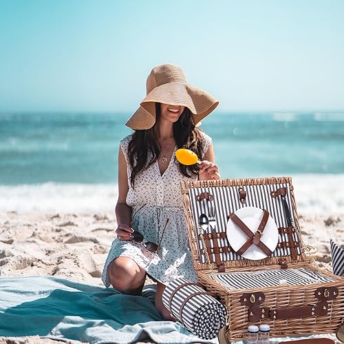 Miniatura 6 de Cesta de picnic con manta y bolsa de vino para 2 juegos de picnic de mimbre con forro aislante, cesta para camping, boda, rayas