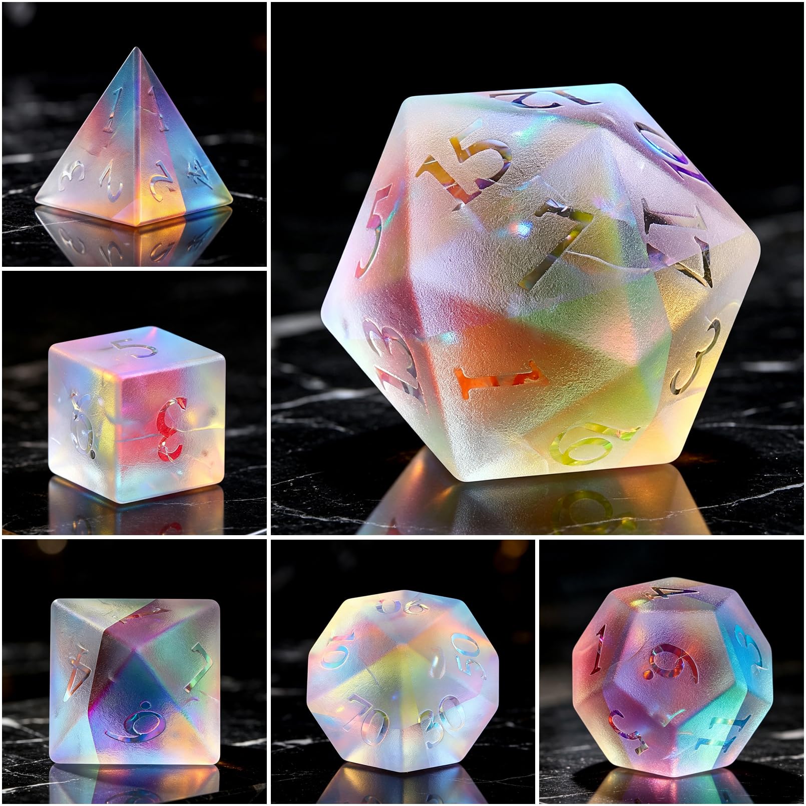 LUCKY-M Set di dadi con pietre preziose, set di dadi per giochi di ruolo da tavolo e da regalo (arcobaleno satinato, Ankh)