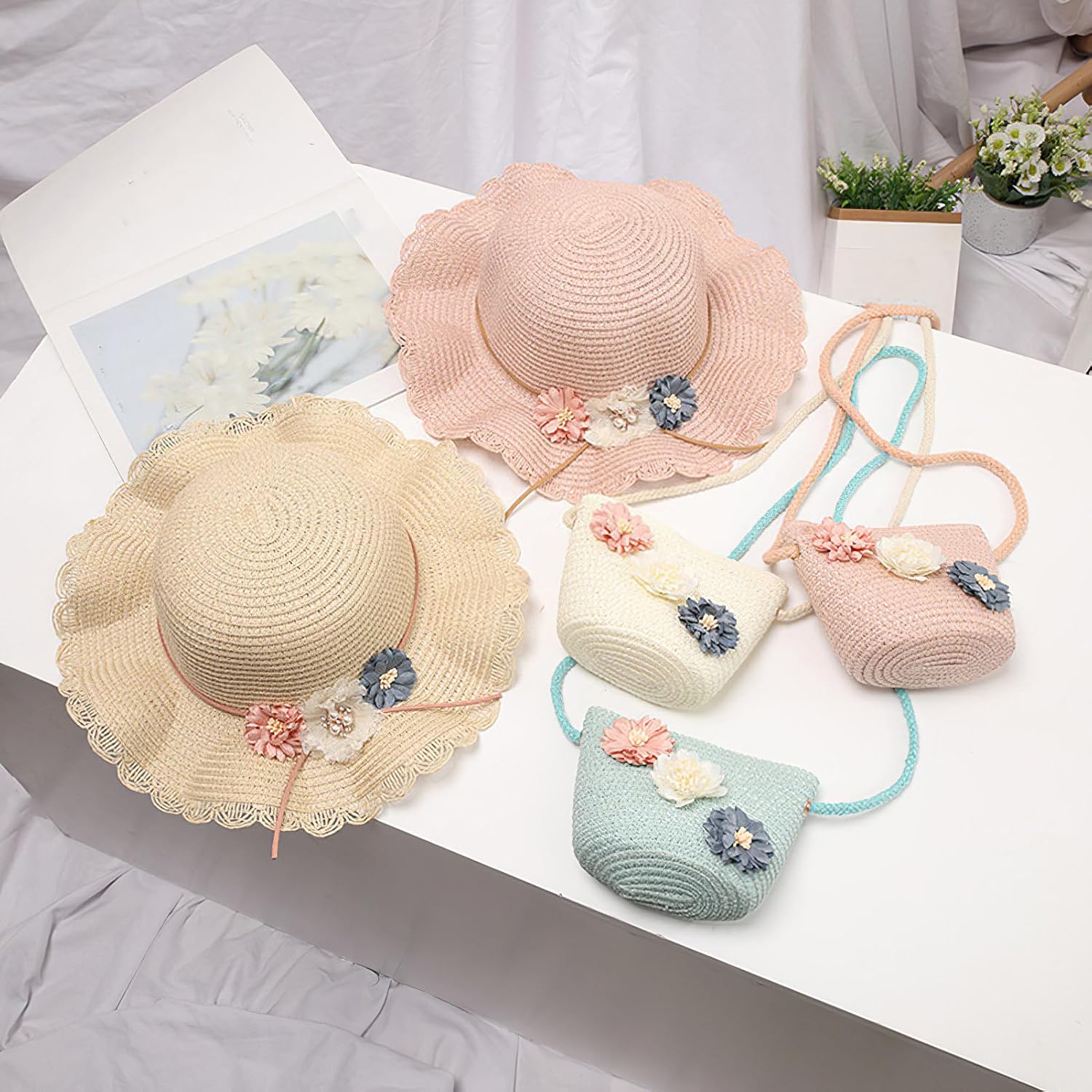 Girls Straw Hat Purse Bag Set Lace Brim Flowers Pearl Summer Beach Sun Hat Princess Shoulder Crossbody Bag Chin Strap