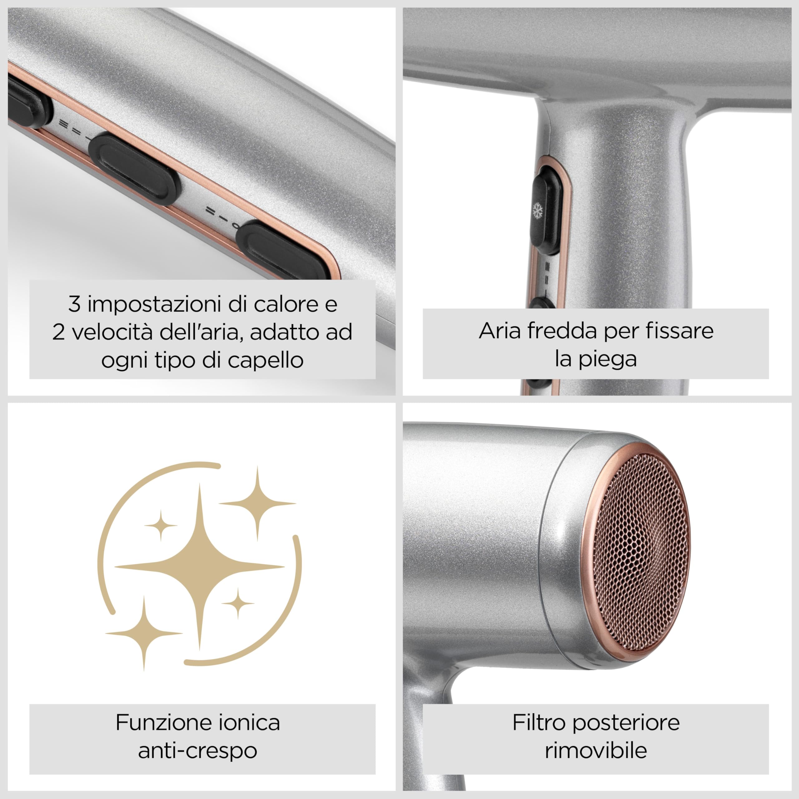 BaByliss Cosmos Phon Capelli Leggero - Diffusore per Asciugacapelli, Potente ed Elegante da 2100W, Ionico Anti-Crespo, 3 Impostazioni di Calore e 2 di Velocità, Argento, D580DE
