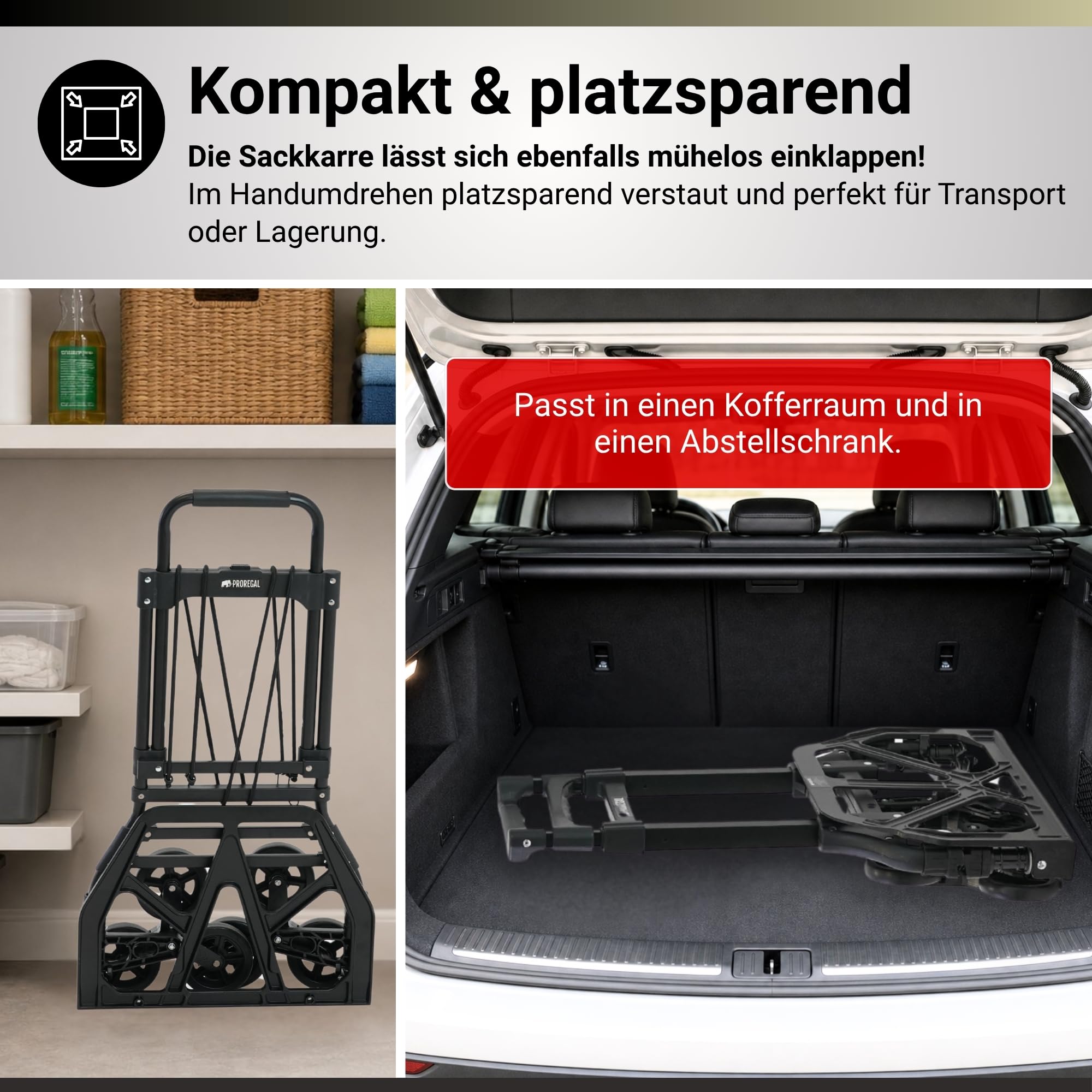PROREGAL Klappbare Treppensackkarre Elephant | große Schaufel | Traglast 150kg | 6,8 kg leicht | Aluminium, Vollgummireifen Teleskopgriff 100 cm | Schwarz | Sackkarre Transportkarre für Treppen