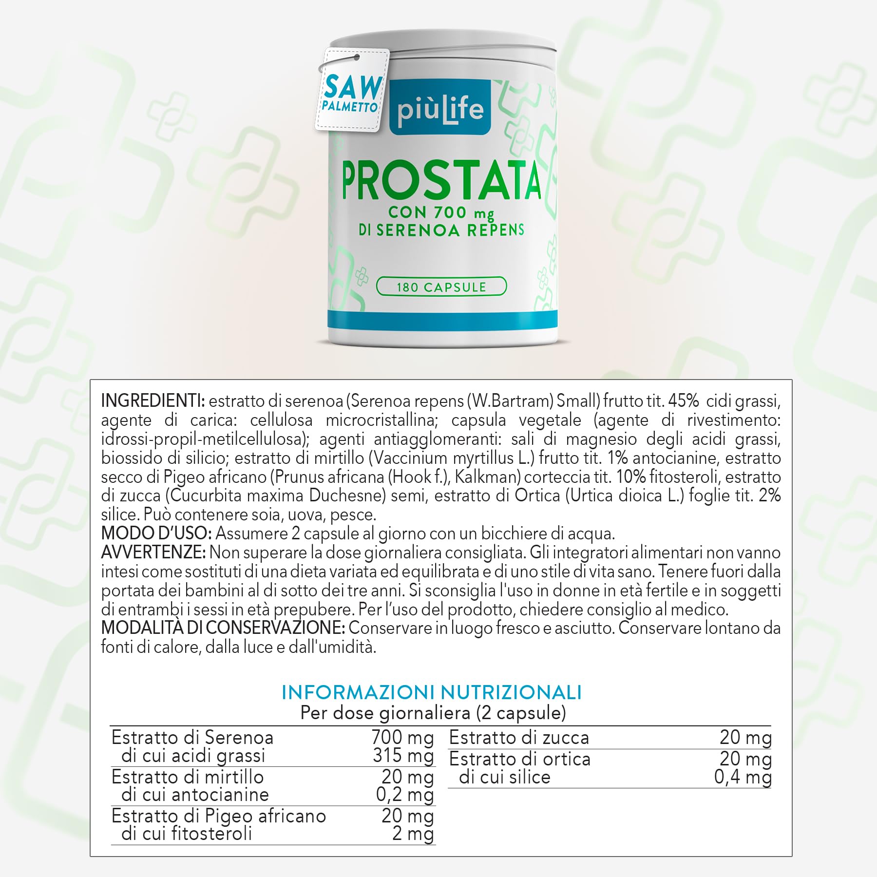 Serenoa Repens Prostata Integratore 700mg PiùLife, 2 al giorno, Saw Palmetto con Pygeum Africanum, Zucca e Ortica, Benessere Delle Vie Urinarie Uomo, Estratto Di Mirtillo Antiossidante, 180 Capsule