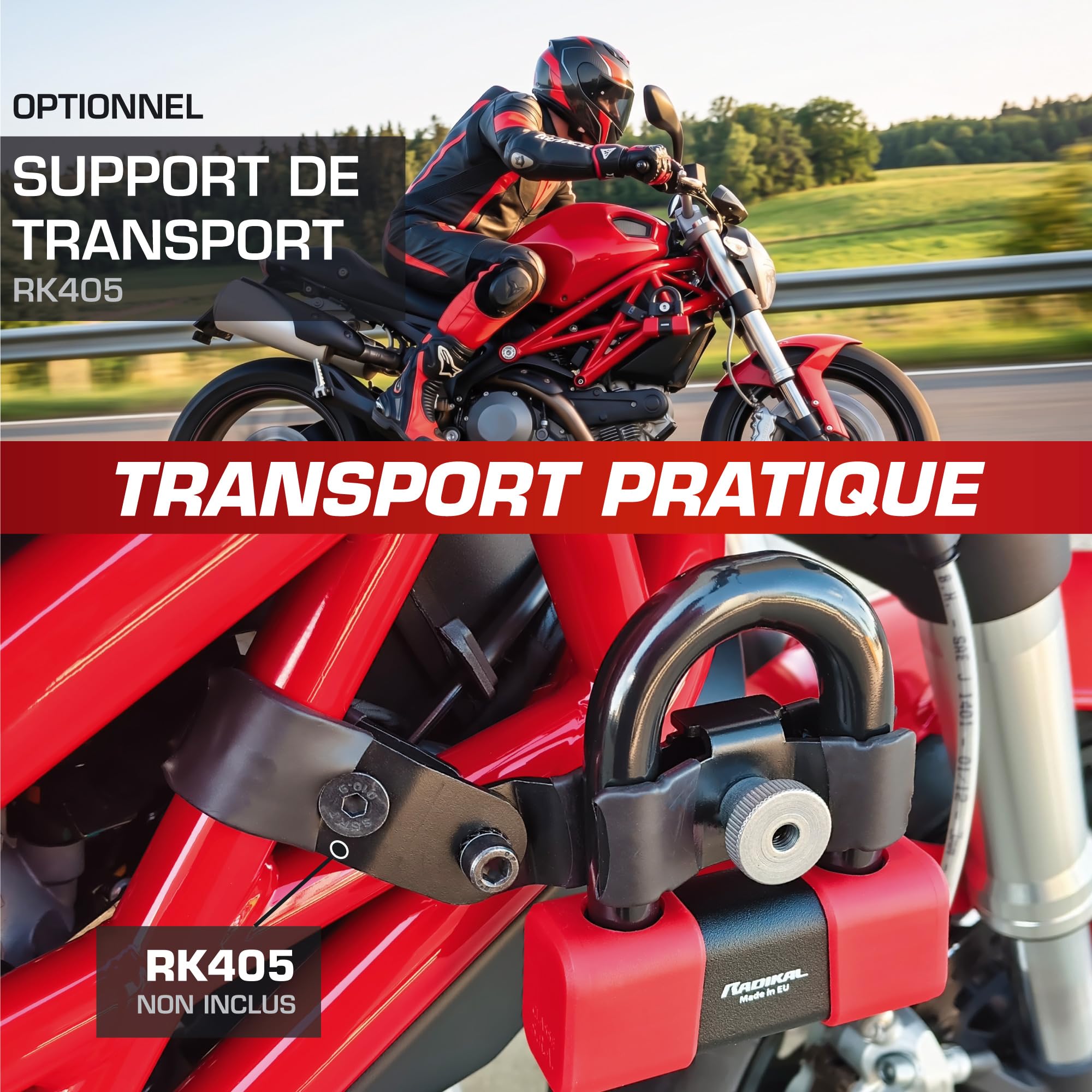 RADIKAL RK75 Antivol Moto Bloque Disque Mini U Premium Homologué SRA, Plus Dissuasif, Brutale Testé, Arc ø18mm en Acier Trempé, Double Fermeture, Cable Rappel, Bloc Frein Roue pour Moto Scooter
