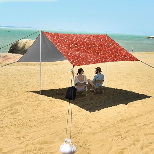 Miniatura 7 de Tienda de campaña y toldo de playa de tomate rojo de dibujos animados, UPF50+, parasol portátil ligero con bolsas de arena y pala de arena para