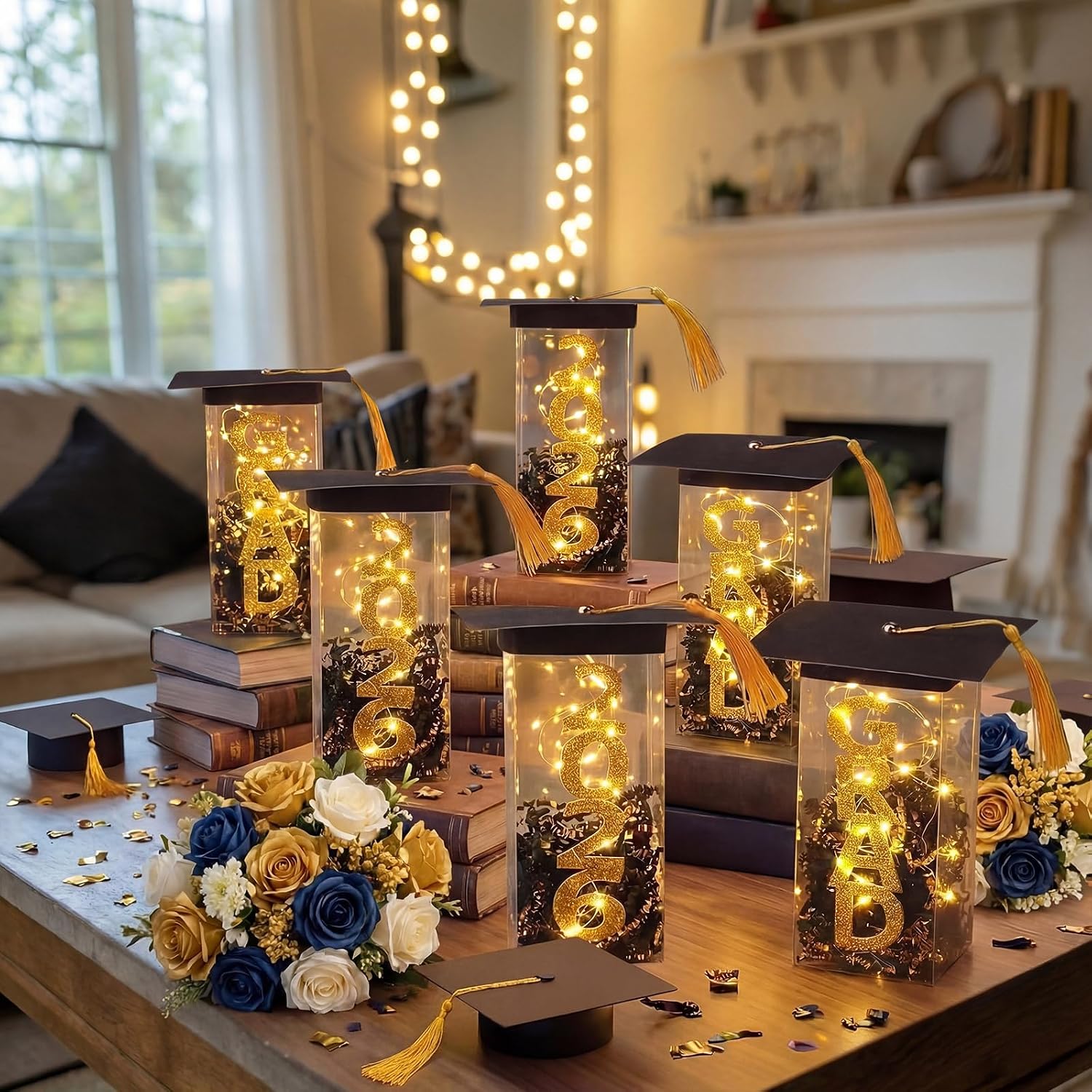 Yookeer 6 Pcs Black and Gold Graduation Table Centerpieces Boxes Fillable Class of 2026 Grad Lantern Boxes with LED Light Graduation Cap Table Centerpiece DIY Decor for Congrats Grad Party Photo Prop