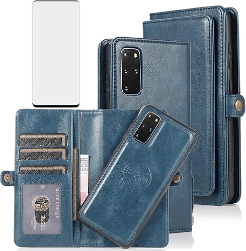 Asuwish Funda de teléfono para Samsung Galaxy S20 Plus Glaxay S20+ 5G Wallet Funda desmontable con protector de pantalla de vidrio templado y