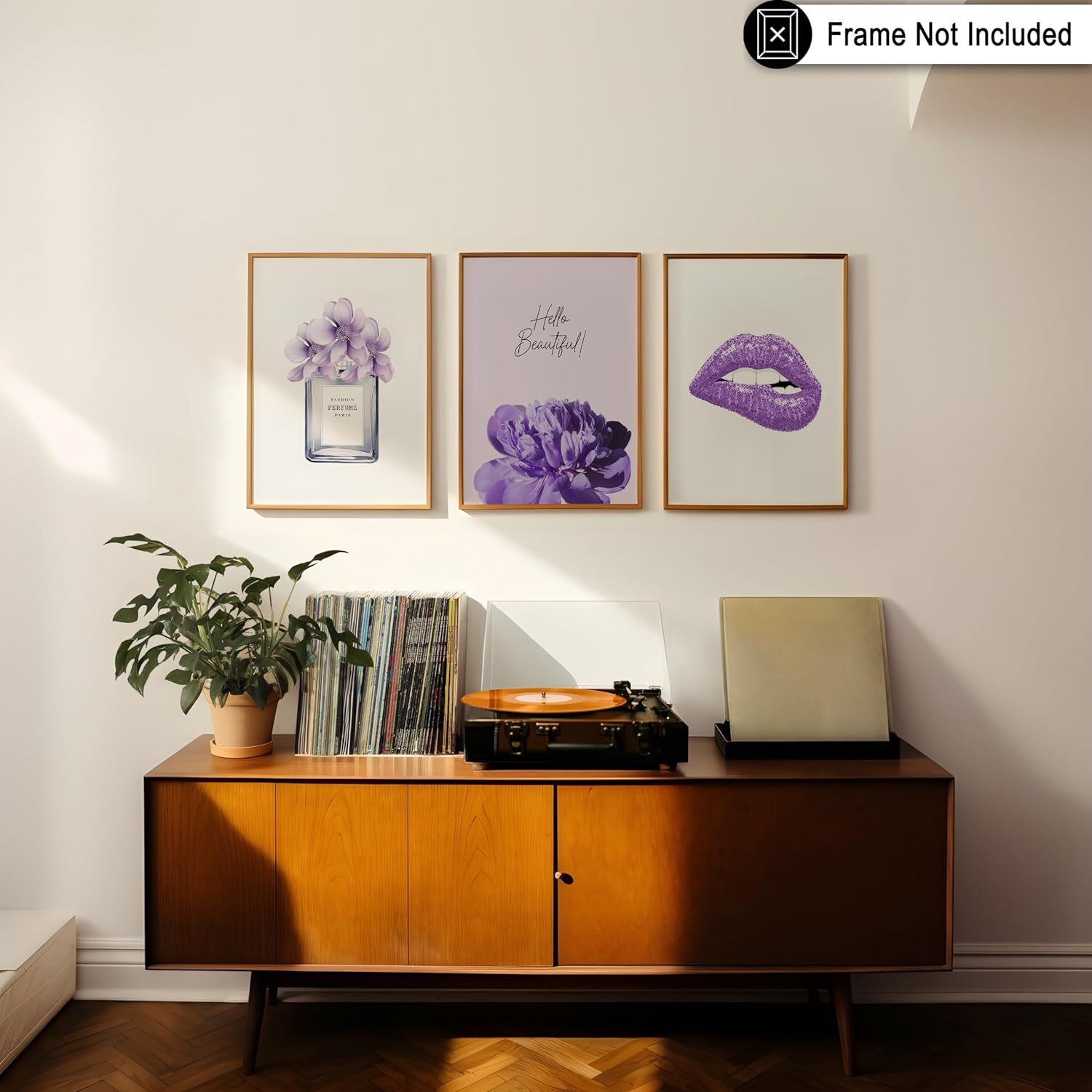 Poster Master 3-Piece Fashion Poster - Hello Beautiful Print - Perfume Art - Purple Glitter Lips Art - Gift for Him, Her & Fashionista - Glam Decor for Living Room or Bedroom - 11x14 UNFRAMED Wall Art