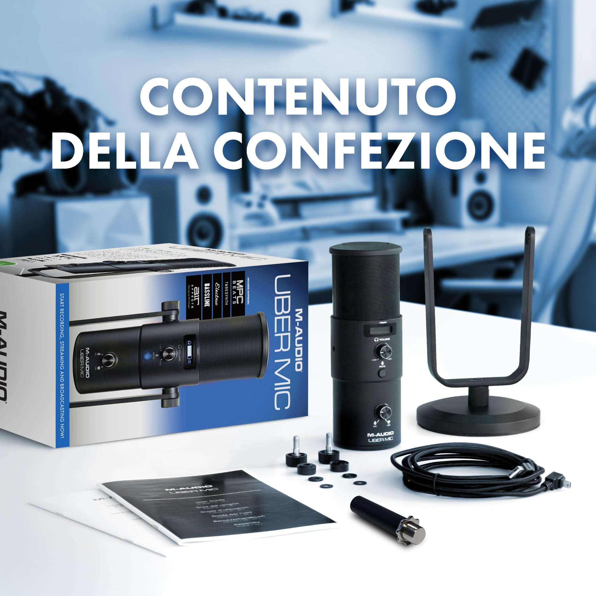 M-Audio Uber Mic - Microfono USB a condensatore per PC, streaming, podcast e registrazione, con 4 pattern polari, pulsante Mute e uscita cuffie