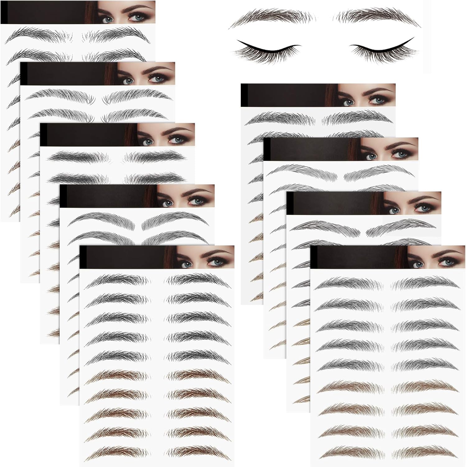 Blulu 9 Sheets Waterproof Eyebrow Tattoo Stickers – 4D Transfers for Women, Grooming and Shaping Makeup Supplies (Black, Light Brown)