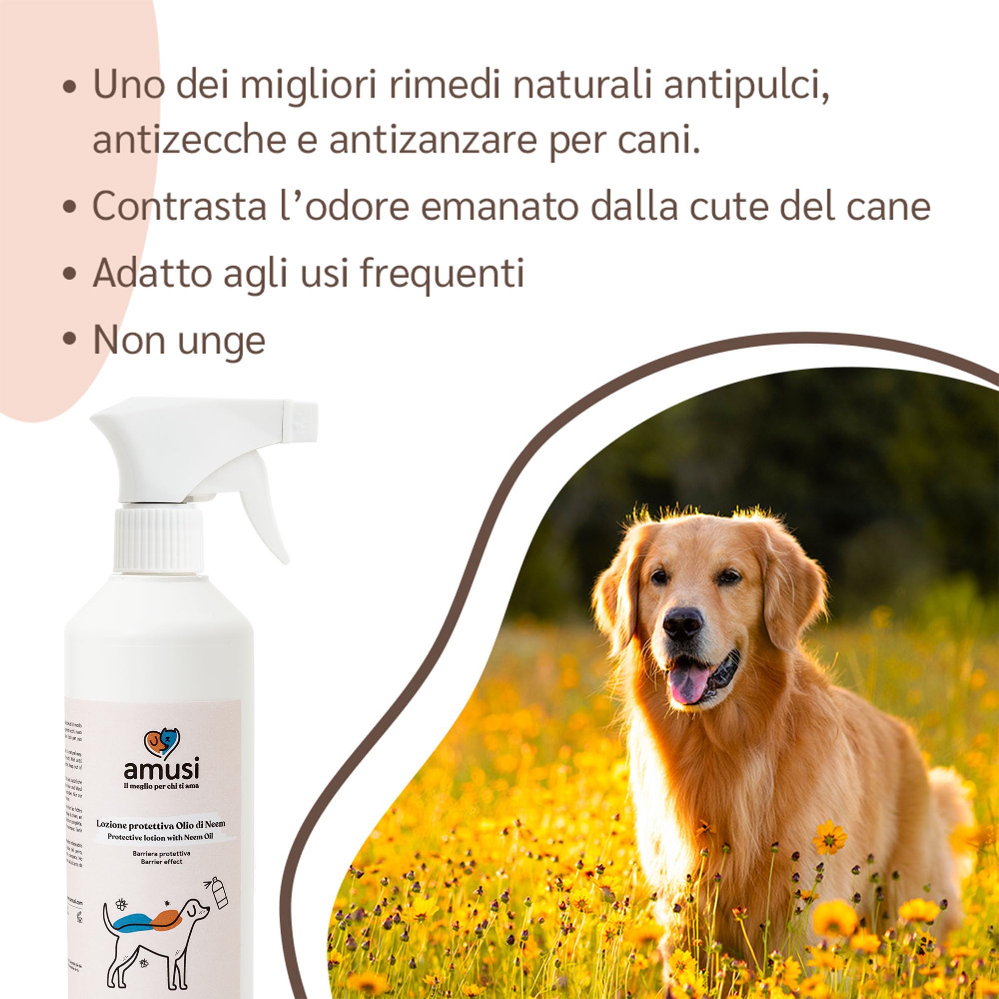 amusi Olio di Neem per Cani - 500 ml - Spray per cani - Protezione naturale - Spray contro zecche mosche acari pidocchi - Repellente zecche per cani - Olio neem cane 100% naturale