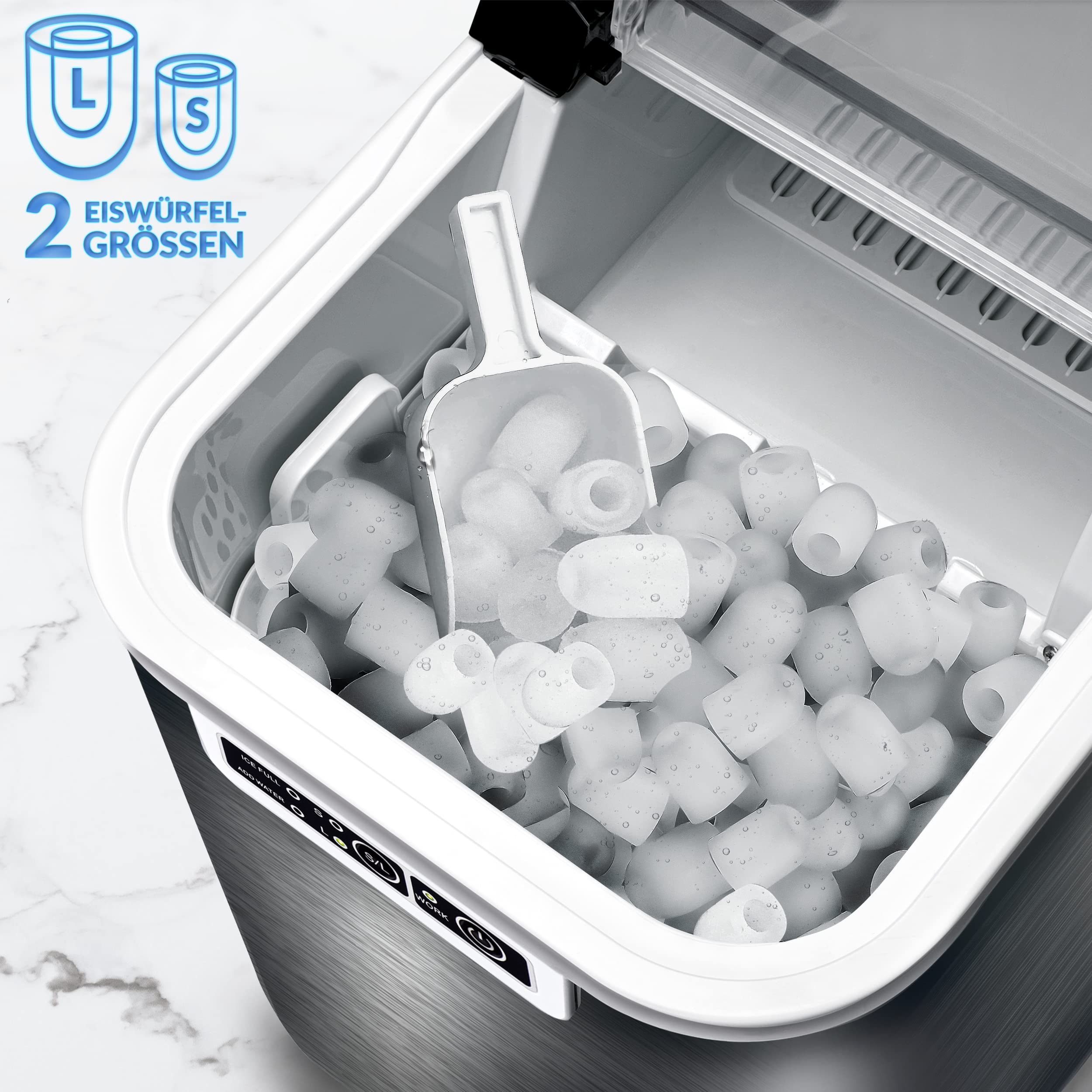 tillvex Eiswürfelmaschine Edelstahl 12 kg - 24 h | Eiswürfelbereiter 2,2 Liter Wassertank | Ice-Maker LED-Display & Selbstreinigungsfunktion | 2 Eiswürfel Größen (Silber)