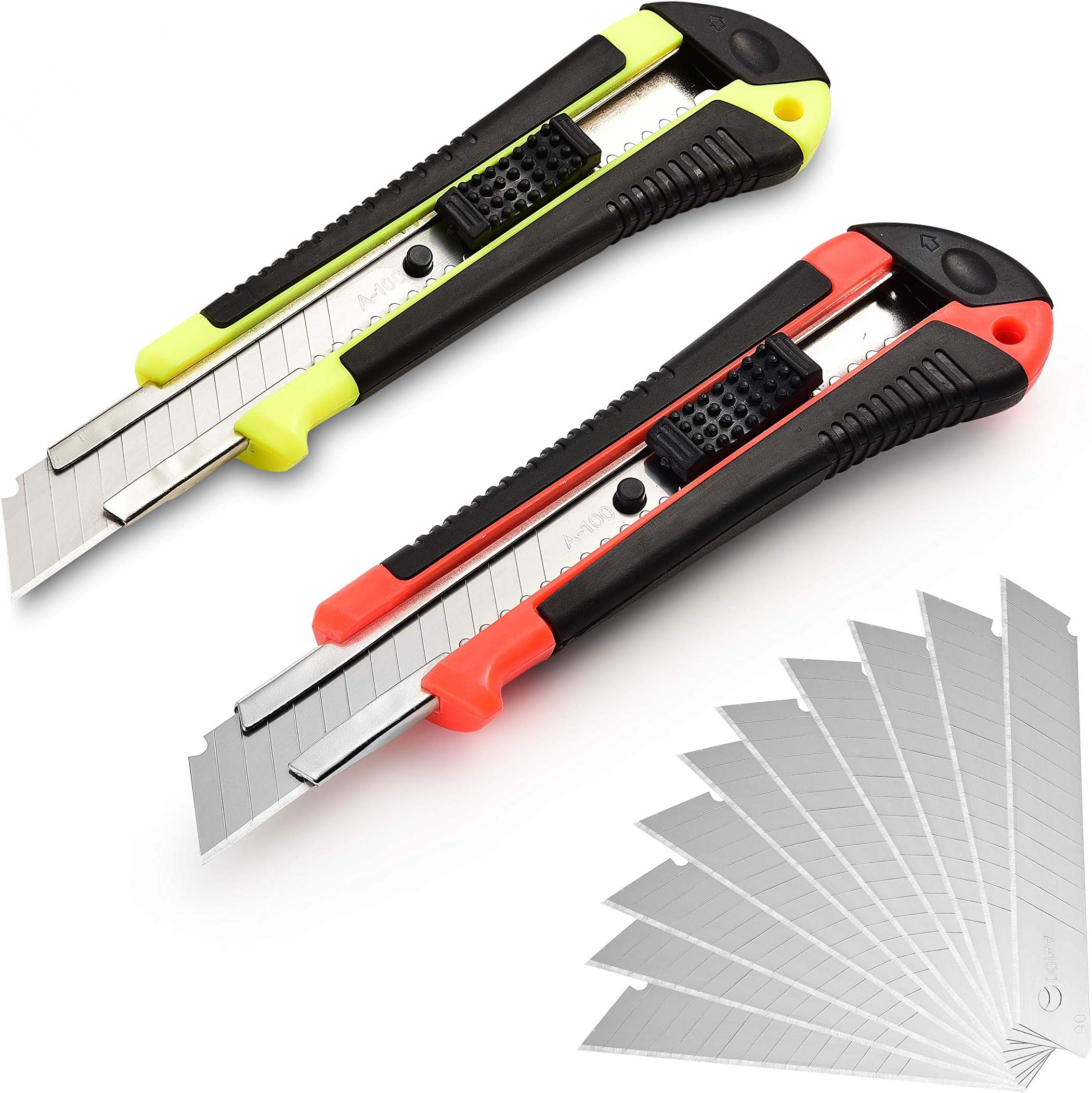 Retractable Utility Knife, Box Cutter, 12 Blades, Premium Rubbered Handle, Wide Razor, Smooth Mechanism, Office and Home use, for Cartons/Rope/Cable Ties/Handcraft, Random Color, by Lambery