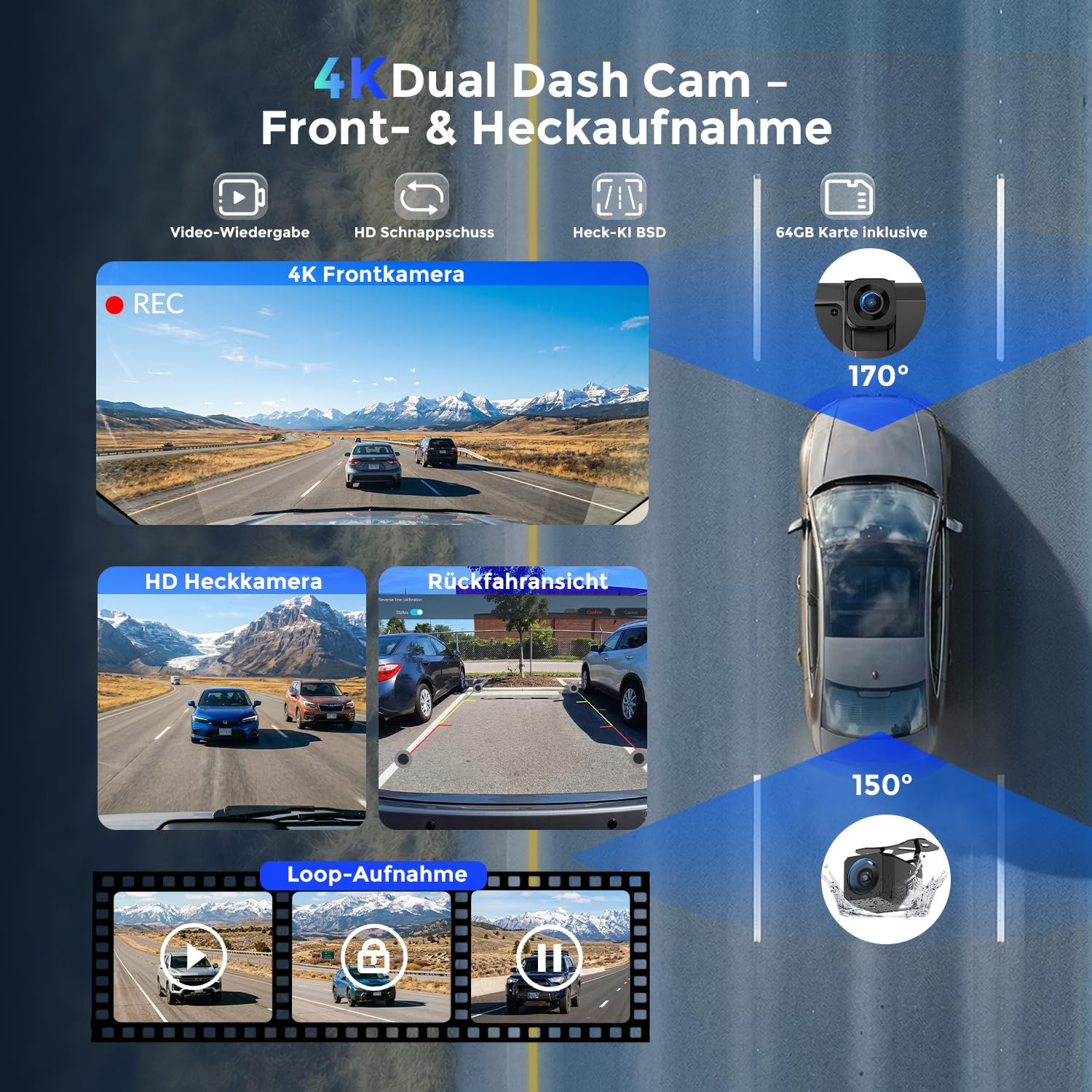 Avylet 10,25" CarPlay Display mit KI BSD,4K Front+HD Rückfahrkamera Dual Dashcam & 64GB Karte, kabelloses CarPlay & Android Auto, 60FPS 1920x720P, Mirror Link, GPS, Sprachsteuerung, Bluetooth/AUX/FM